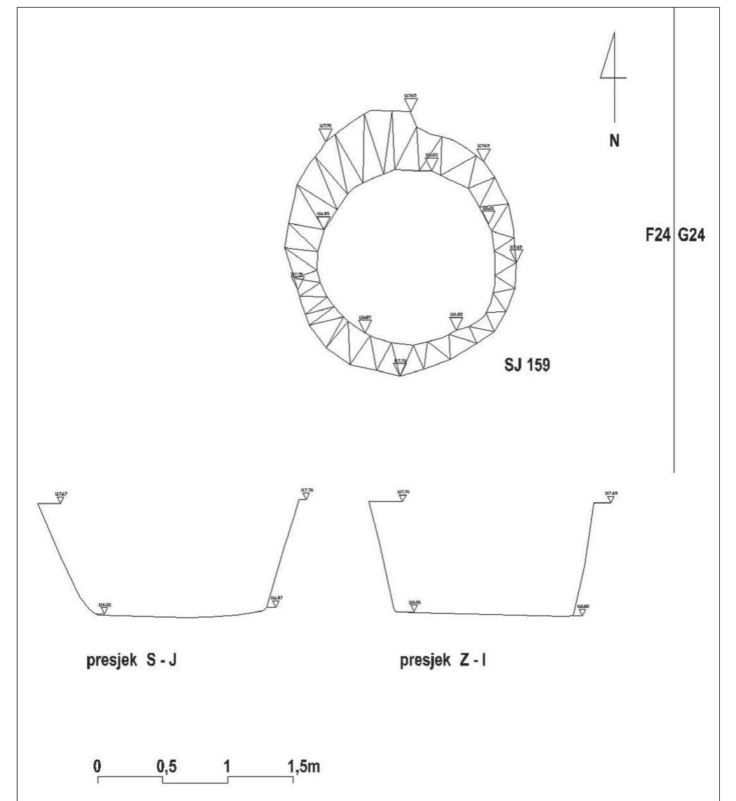 FIGURE 3. The ground plan and cross sections (N - Si W - E) of the pit with the collapsed stove SU 159 (made by M. Seckar). 