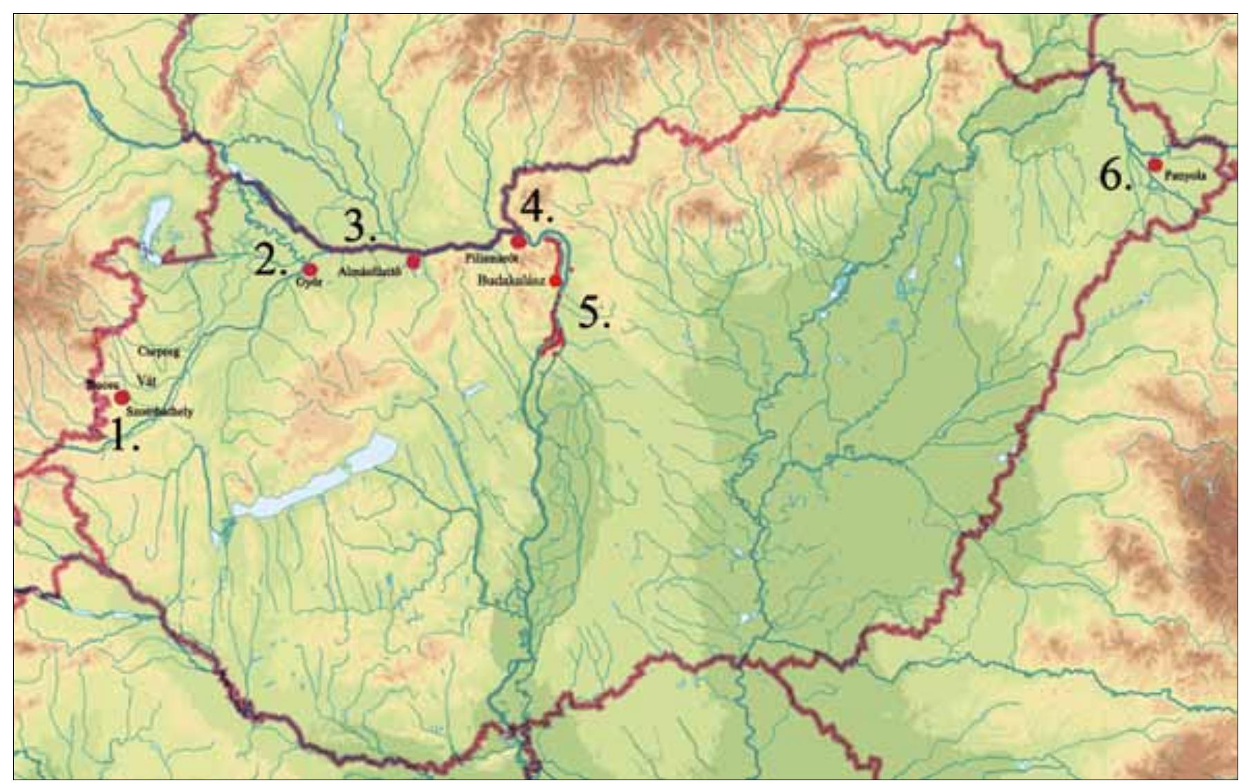 Fig. 2. The local distribution of the Bell Beaker Culture in Hungary with the main sites. 1. Environment of Szombathely along the River Raba, 2. Gy6r in the confluence of three rivers: the Danube, Raba and Rabca, 3. Almasfiizité, 4. Pilismar6t, 5. Budakalasz, and 6. Panyola along the river Tisza. 