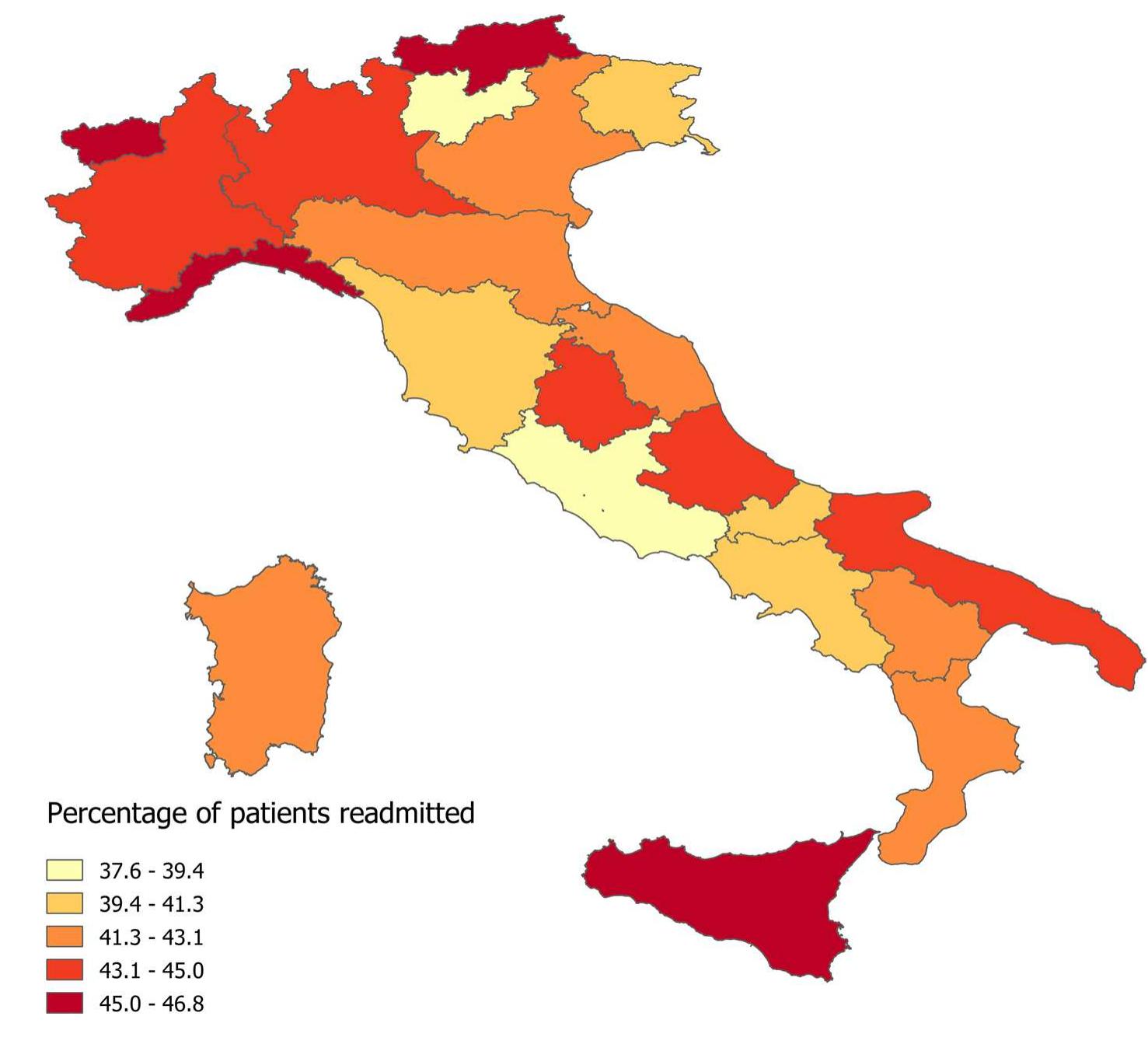 Global single-level logistic regression turned out to be sig- nificant (p <0.001). Tables 1 and 2 show descriptive statis- tics for each predictor variable, both globally and separately for readmitted vs non-readmitted patients at 1-year follow- up, together with their p value of simple logistic regression with readmission as the outcome. For individual-level vari- ables, a higher readmission rate was found in the case of admission occurring in the same LHD as residence, psy- chotic disorder, and LoS of at least 15 days. The stronger results were found for LHD of admission (44% readmission rate for patients admitted into a unit located in the same LHD as residence vs 40% readmission rate for admitted out- side of their own LHD) and age at admission, with a lower readmission rate for youngest age group (39% readmission rate for age group 18-24 years vs around 43% for the other age groups). On the hospital level, the only significant asso- ciation with readmission was found in terms of type of hos- pital at index admission, with university hospitals showing a lower readmission rate (40%) than both other public and private hospitals (43%). An increasing trend with respect to 1-year readmission risk was found for the rate of psychiatric  