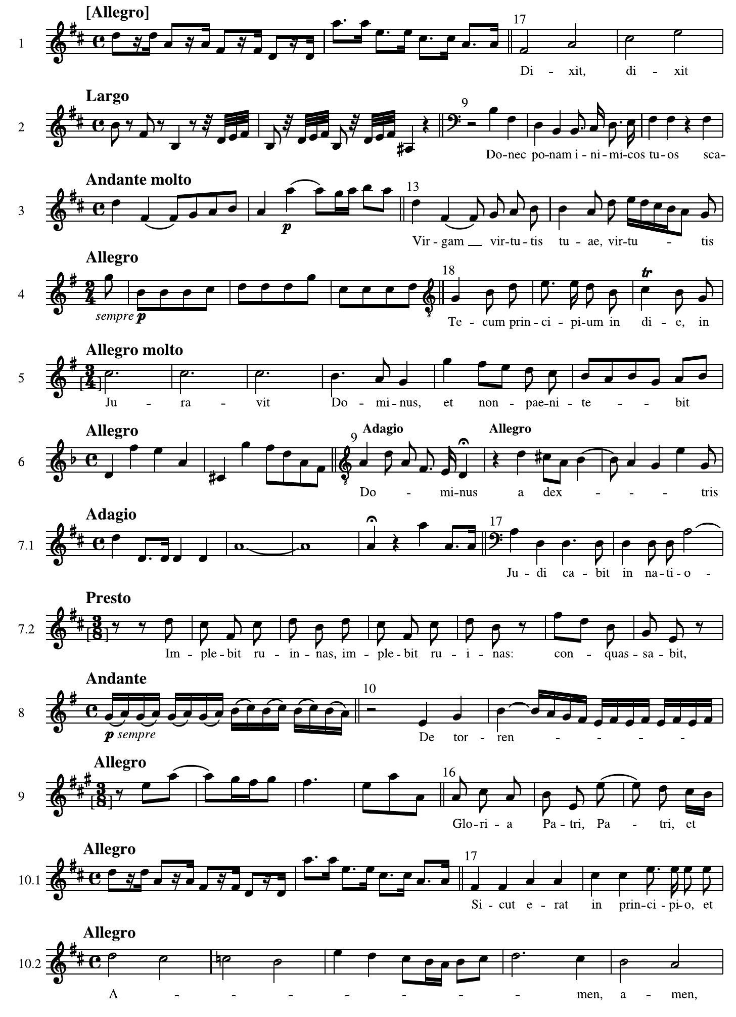 stereotypes: the cascades of triads (here presented in a saccadé rhythm appropriate to the pomp of the occasion) and the rushing semiquaver scales reminiscent of the Tempesta di mare concerto, rv433. The uninflected : chord on B in bar 3 is peculiarly Vivaldian: other composers would have selected, over the same  6  bass note, either a 3 (possibly a Z) chord ora 3 3  chord with raised sixth.54 Note, too, the non-quadratic nature  Table 2 Vivaldi, Dixit Dominus: movement incipits 