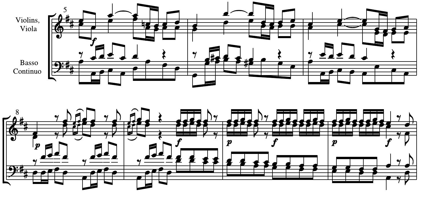Example 5 ‘Virgam virtuitis tuae’, bars 5-11  rom the opening of the Sinfonia to Vivaldi’s opera L’Olimpiade (1734). The harmonic structure of bars 9-11 -a descending scale in thirds beneath an intermittent tonic pedal — repeats the gist of bars 4-6" in Example . The composer cleverly manages to work the ‘stutter’ figure into the vocal coloratura (in bars 33-35), hough he takes care not to overtax the singer. During the vocal periods the bass part mostly pauses, leaving he viola to provide a bassetto. An unusual, but very welcome, feature of this movement is that it has three, ather than the usual two, vocal periods (the second ends in the relative minor key and the third begins as a eprise of the first vocal section). Like all the subsequent movements for one or two solo voices in this work, t has a generosity of scale not seen in Vivaldi’s sacred vocal music of the first period (before 1718) and rarely ncountered in the second (1718—c1732) 57 