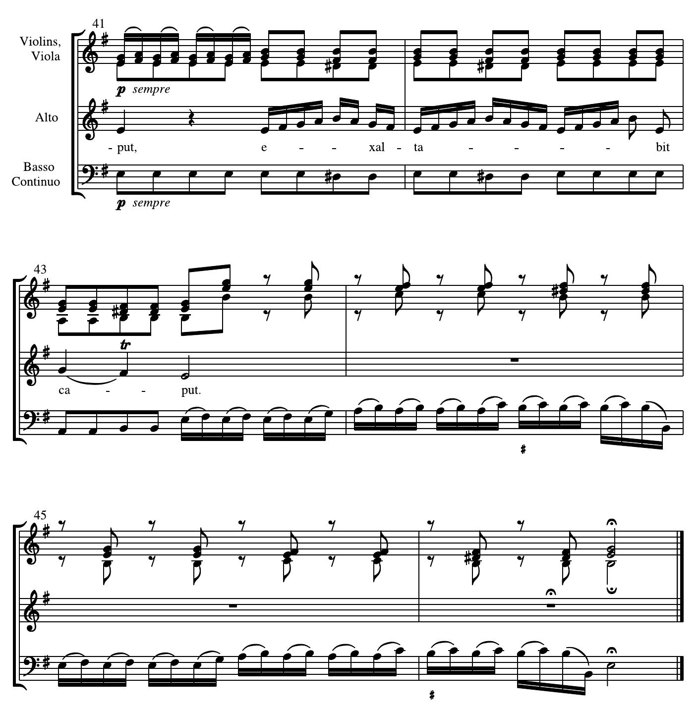 Example 7 ‘De torrente in via bibet’, bars 41-46 (missing viola notes restored)  movement and delay the reprise until ‘Sicut erat in principio’. Vivaldi seldom uses full choir for a separate “Gloria Patri’: he treats it as the prayer of an individual or, as here, of a small group of individuals. The texture of the present movement is highly contrapuntal, to the point of treating the viola as an obbligato part more or less from start to finish (whereas in the earlier movements it frequently plays in octaves with the bass, following the fashion of the 1730s). As in the ‘Gloria Patri’ of Vivaldi’s Dixit Dominus rv595 (a movement paraphrased from part of a Lotti terzet), the imitative interweaving of the parts becomes in itself an expression of joyfulness in praise of the Holy Trinity. Some licences are observable in the handling of the bass, which (as is normal in Vivaldi’s music) sails close to the wind so far as the avoidance of consecutive octaves is concerned, but one must admire the sheer panache of this movement. Example 8, taken from the middle of the second vocal period, displays the same kind of silky counterpoint amid quickfire modulation that we encounter in bars 34—45 of the ‘Laudamus te’ in the Gloria rv588. 