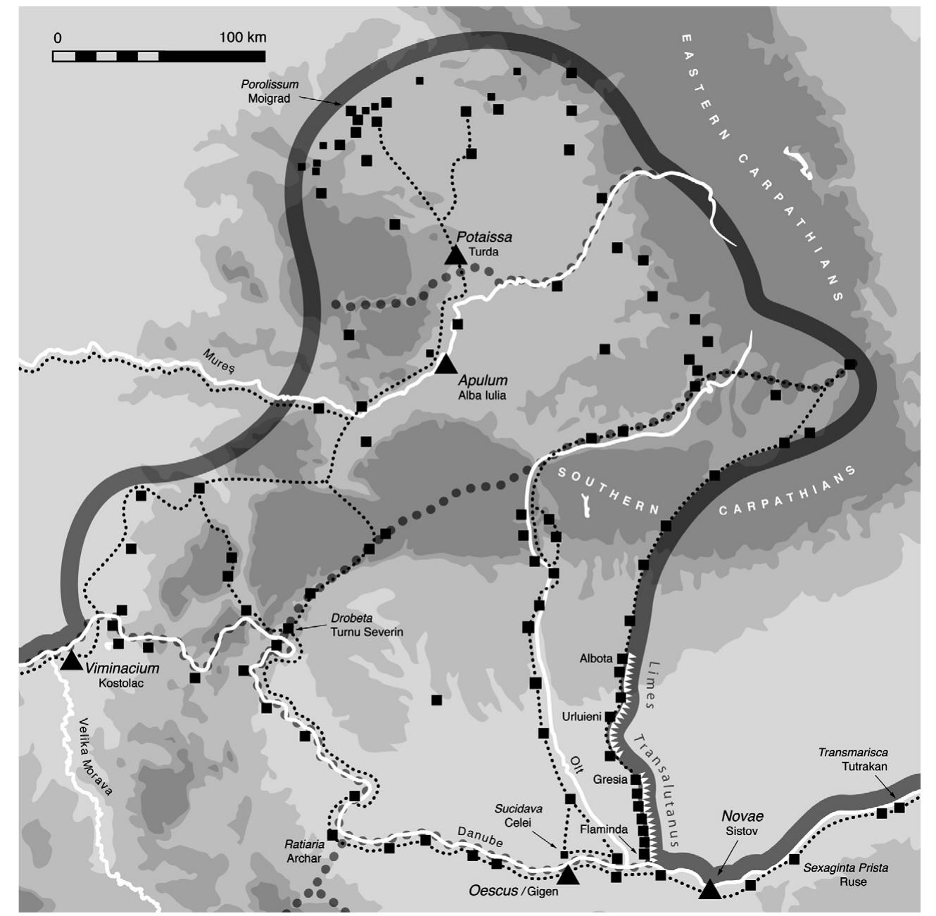 Fig. 1. Map of Roman Dacia (Danube Limes-UNESCO World Heritage/Pen&Sword/CHC University of Salzburg, authors:David Breeze and Kurt Schaller).  Dacia, Apulum, Isiac cults, Local elites, Imperial household. 