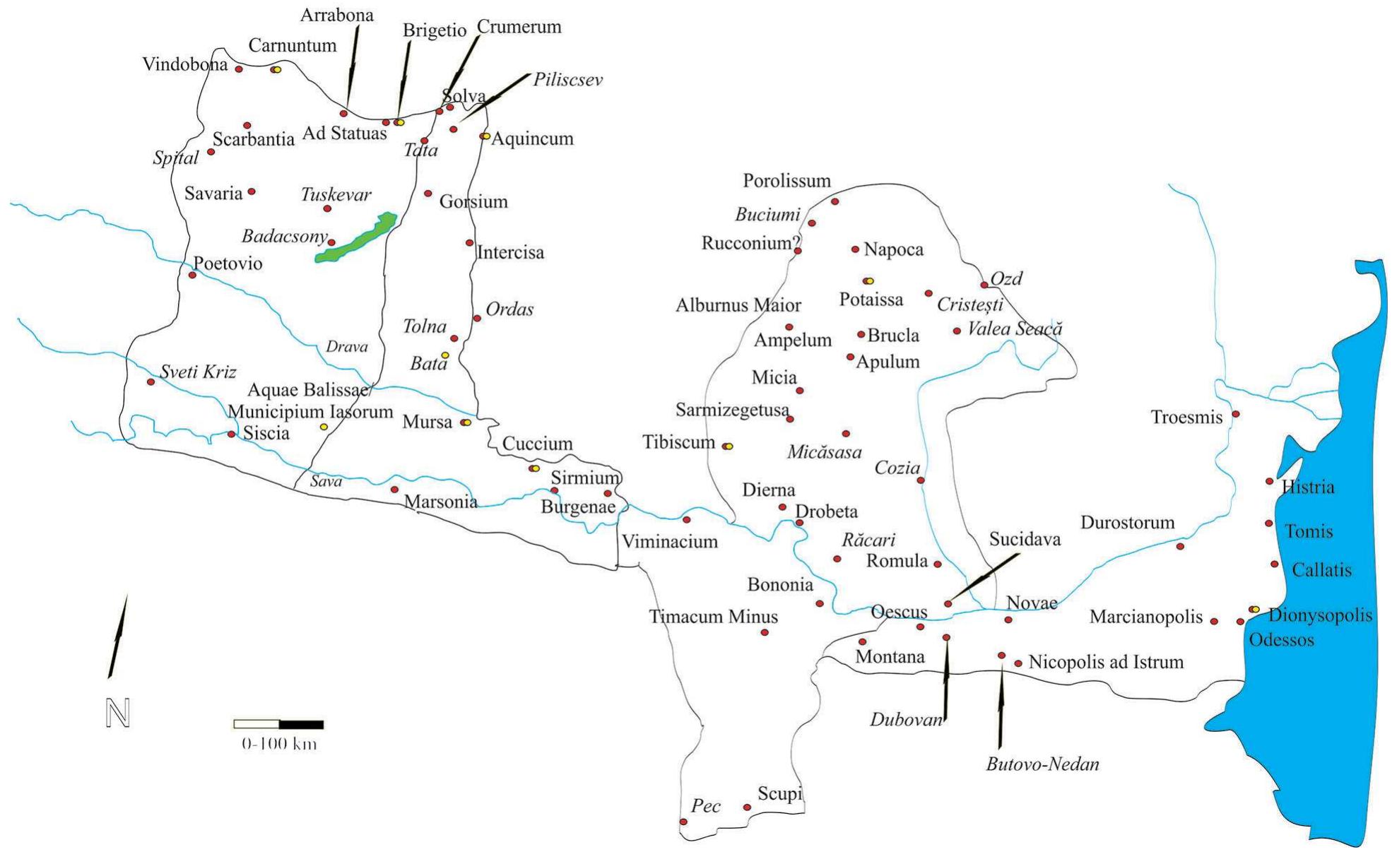 Fig. 138. Map of the traces of the Isiac cults or Egyptian presence in Pannonia, Dacia and Moesia (red dot) and the discoveries of shabtis and pseudo-shabtis (yellow dot ). © D. Deac.  1. 1. Traces of the Isiac cults or Egyptian presence in Pannonia, Dacia and Moesia @) and the discoveries of shabtis and pseudo-shabtis (O). (Redrawn after Deac 2013 