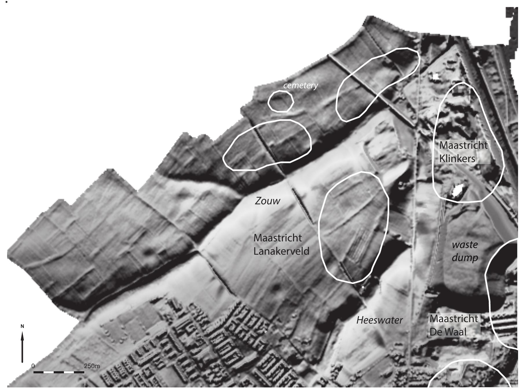 The Caberg is situated north of the city of Maastricht on a middle terrace close to the Meuse river. The slightly hilly area is intersected by the Heeswater valley and the Zouw valley. The eastern border is the terrace edge which constitutes the transition to the lower terrace, i.e. the Meuse valley floor; a height difference of about 20 m. Although the Heeswater undoubtedly carried water perennially, the Zouw was probably only semi-periodical.° Excavations in the area pinpointed the location of at least six different settlements (Van Wijk and Meurkens 2008), presumably belonging to the same settlement cluster (Van Wik ef al. 2014). All  settlements are located on the northern, sunny slopes along the Zouw and the Heeswater (Fig. 13.6). 
