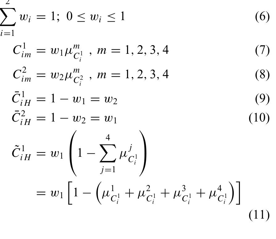 The weights of U(C; ) and U(C;) are described as w and wy», respectively. Assuming that w, and wy» are not equal to 1, Equation (6) can be used to normalise them be- fore calculation of their probability masses, C},, and C?,  im respectively. C}, and C?,, can be calculated using Equations  (7) and (8), respectively. The degrees to which other experts can be involved in the cost estimation of the eth CPRM are described respectively as C},, and C?,, for experts 1 and 2, as evidenced in Equations (9) and (10). The individual remaining belief values unassigned for U(C}) and U(C?) are respectively described as C},, and C?,, and mathemati- cally expressed in Equations (11) and (12). Equations (13) and (14) are used to calculate possible incompleteness in the subsets U(C}) and U(C?) denoted as C},, and C?,,, respectively. C},, and C?,,, in combination with C},, and C?_, are used to facilitate calculation of combined proba- bility masses, Cjm Cjm and C; 7 , as evidenced in Equations (15) and (16), respectively. Since the mathematical expres- sion of C;, and C;y have been introduced in Equations (15) and (16), respectively. C;,, and C;, can be used to calculate ju)” as evidenced in Equation (18). The resultant DoBs of the synthesised two sets, U(C}) and U(C?), de- noted as utility description for cost, U(C;), are described as"(m = 1, 2,3, 4). The resultant DoBs of the aggregated U(C}) and U(C?) in Equation (18), can be used to com- bine with another utility cost expression/estimate if more experts are involved, using similar step by step procedures.  