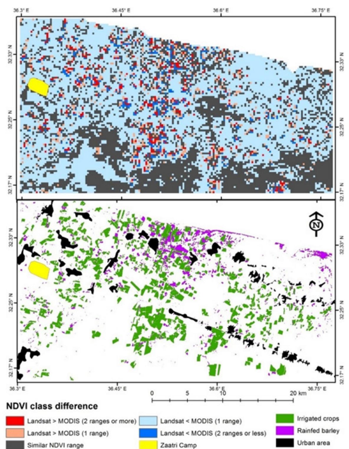 Differences between modis and landsat ndvi (top) and the
