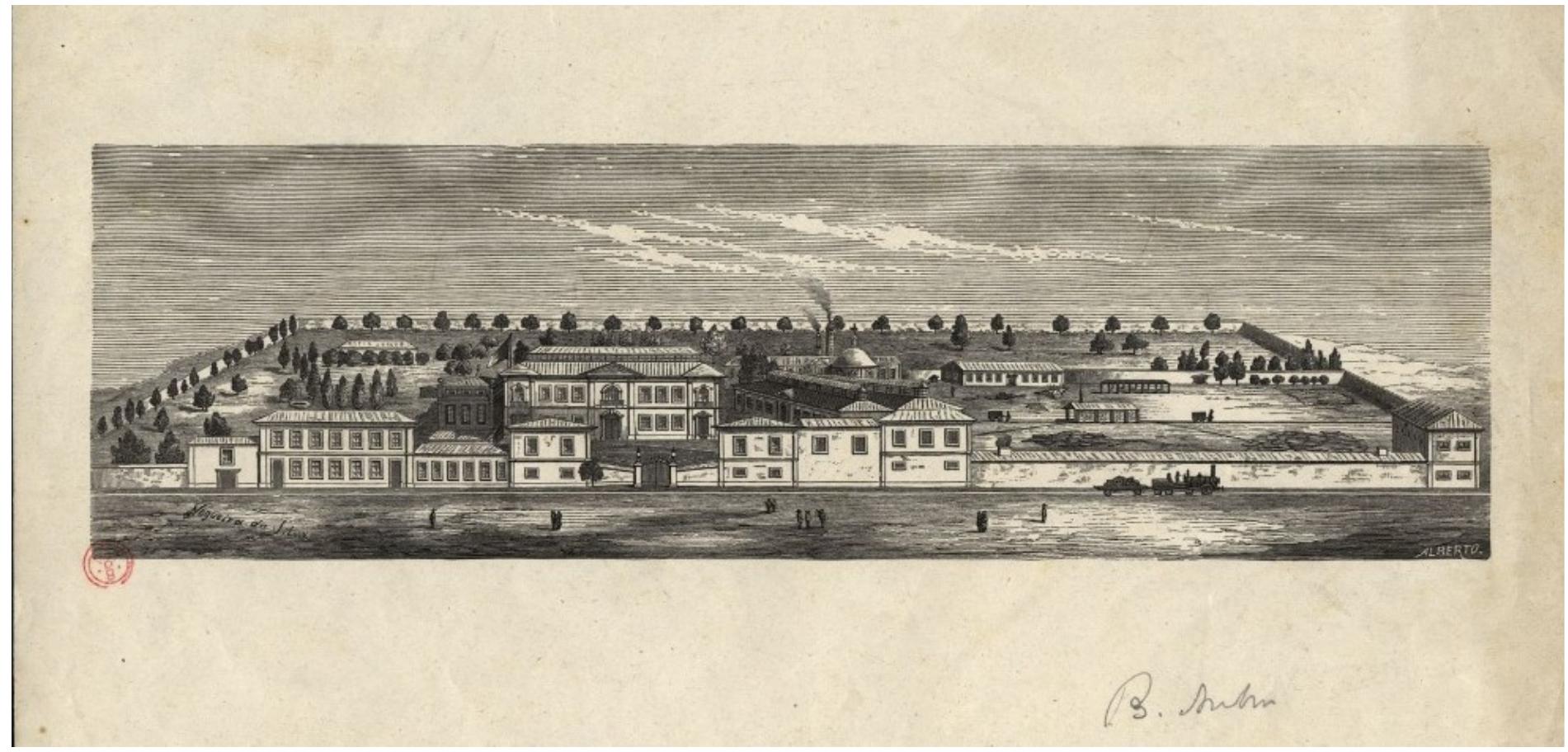 commissioners published the report of the study in 1860.!°  Real Fabrica de Vidros da Marinha Grande. [Visual grafico / Nogueira da Silva ; [grav.] Alberto. [S.1.: s.n. ca. 1865?]. Biblioteca Nacional de Portugal  Several times, Betamio de Almeida was requested by different departments of the Portuguese State t«  According to the report, most of the time soda had to be imported from England, and the sand that wa 