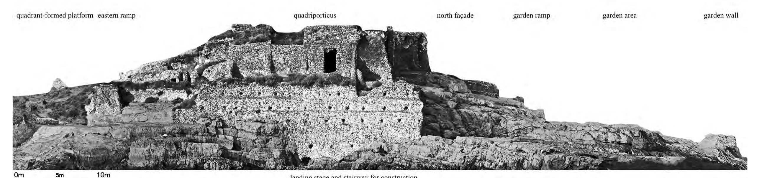 Fig. 6. Orthophotograph of the eastern side of the pars maritima based on drone photographs. In the middle the rock has been broken away and leveled in order to create a landing stage, which probably served for the unloading of the construction material during the erection of the huge foundation (© W. Filser / B. Fritsch, Winckelmann- Institut, Humboldt-Universitat / TOPOI). 