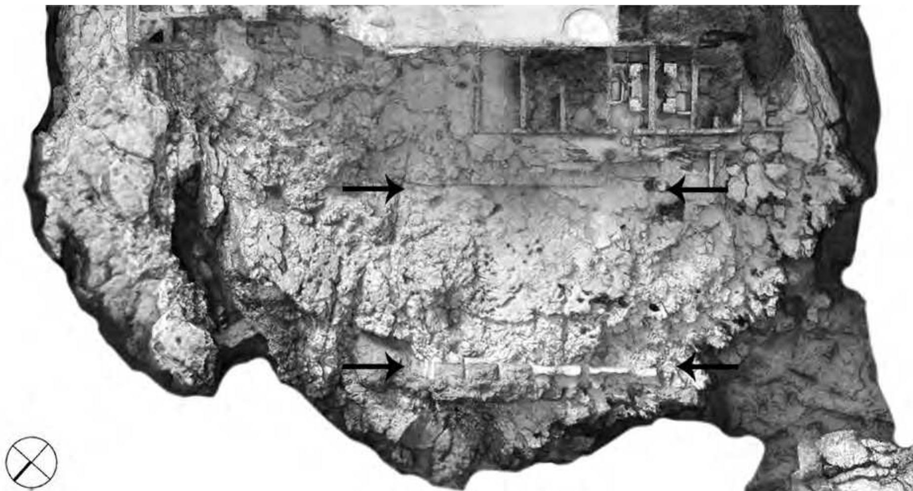 Fig. 19. Orthographic 3D model of the garden area below the basis villae seen from above (arrows indicate its borders) (© W. Filser / B. Fritsch, Winckelmann-Institut, Humboldt-Universitat / TOPOI). 