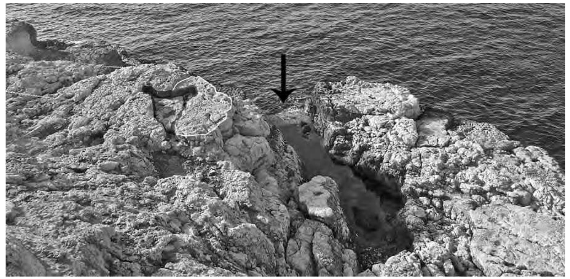 Fig. 24. The piscina seen from the feasting rooms in front of the NE corner of the basis villae. The arrow indicates a foundation of a short wall which divided the natural basin from the open sea. Above to the left, the plinth hole and the leveling of the rock to its right are highlighted. The view is looking across the Gulf of Baiae to Cape Miseno (© W. Filser, Winckelmann-Institut, Humboldt-Universitat). 