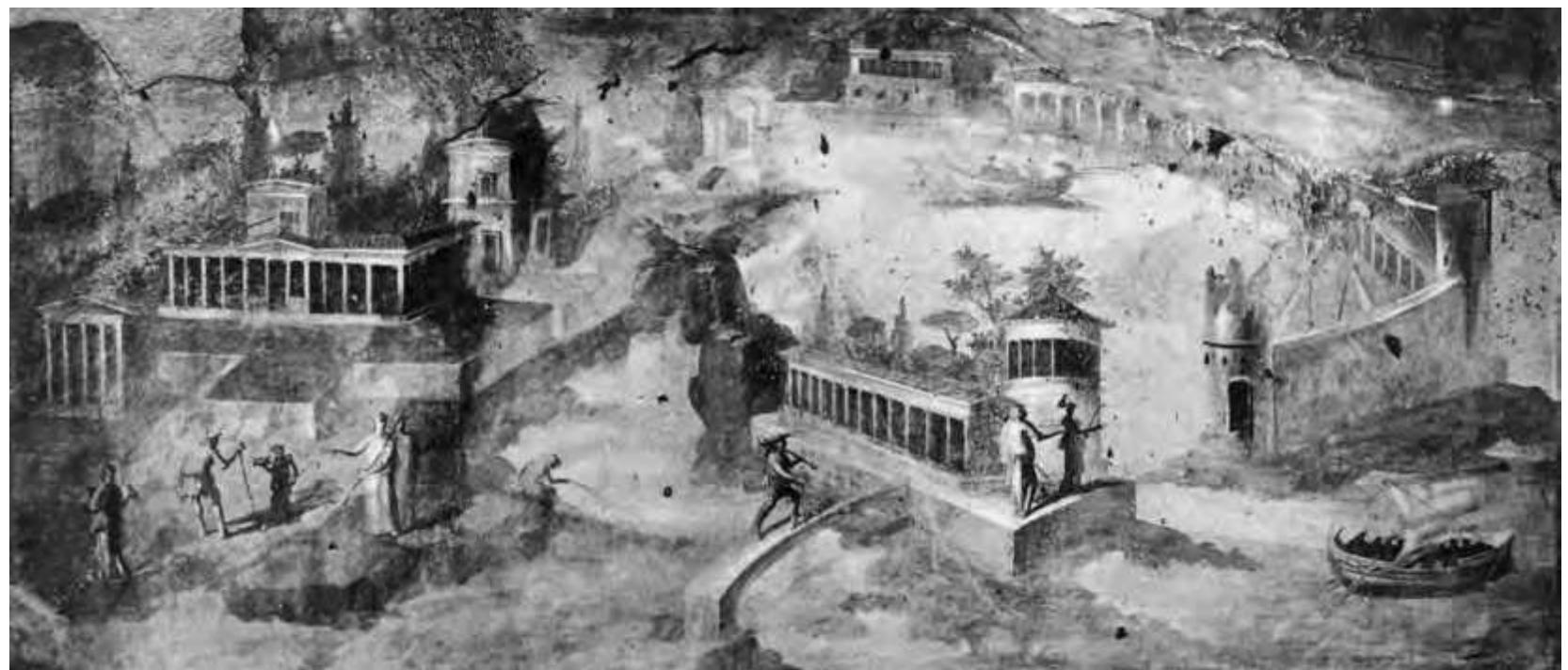 Fig. 28. Wall-painting from the Casa della Fontana Piccola: villa maritima with harbour, moles and islands (M. Rostovtzeff, “Die hellenistisch-romische Architekturlandschaft,” RémMitt 26 [1911] pl. IX).  ee eee eee ee ee ee ee ACE a Lees ee eS  elaborate harbours and gardens bordering the seashore are rarely well preserved.*! Yet the Villa del Capo di Sorrento not only testifies to their existence but also yields detailed evidence concerning their embellishments, encouraging a comparison with the wall- paintings. Indeed, some of the figures which at first glance appear to be negligible props in the vistas may allude to statuary elements adorning the seaside gardens and harbours of real villas.° A frieze from the Casa del Citarista shows three such villas side by side, sepa- rated only by the sea and rocky islets (fig. 29); by the sea in front of the villas and on the islets between one can see typical statue-like figures, even if it is for the eye of the beholder to decide whether he prefers to see living persons or statues. That painters played with this ambiguity is proven by the fact that at times the poses of known statuary types are adopted, as with a figure in the pose of Isthmian Poseidon who stands on a rock in front of a harbour scene at the ‘maritime’ Villa della Farnesina on Rome’s Tiber bank (fig. 30). The lifelike qualities of villa sculptures may still be discernible in one of the mosaics from the triclinium of the Villa Adriana®™ where a Dionysos stands stiffly on a rock base with a strange label attached; the figure’s shiny bronze surface is underscored by highlights on the right shoulder and on its left knee, leaving no doubt that the beholder is being reminded of statuary in precious materials. Indeed, sculpture emerging from the rock or the sea seems to have been very much en vogue, as the imperial examples of Sperlonga and the Grotta  