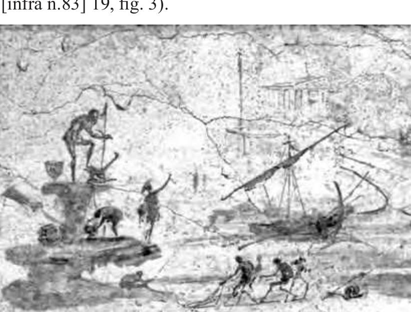 Fig. 30. Detail of frieze from the Villa della Farnesina showing a harbour scene with a rock islet to the left of the harbour basin, on which stands a figure in the pose of Isthmian Poseidon. The figure clearly recalls the famous statue by holding the aphlaston, trident, and having its foot resting on a naval ram. There is no base shown (E. La Rocca [ed.], Roma. La pittura di un Impero [Milan 2009] 172, fig. L.11-12).  