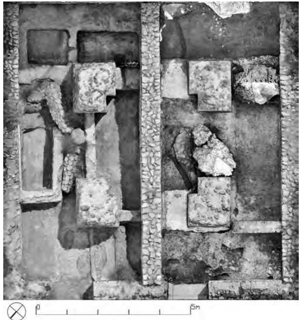 Among the villa’s preserved substructures between the garden area and the quadriporticus, two rooms marked by the insertion of four massive piers (W4/W5 on Pfister’s plan) yielded important evidence concerning the villa’s chronology (figs. 4, 7, 19 and 31).”9 In 2016, excavations were con- ducted in W5, which confirmed and broadened our understanding of the subsequent use of this  Fig. 31. Orthographic view from above of W4/5 (© W. Filser / B. Fritsch, Winckelmann-Institut, Humboldt-Universitat / TOPOI). 