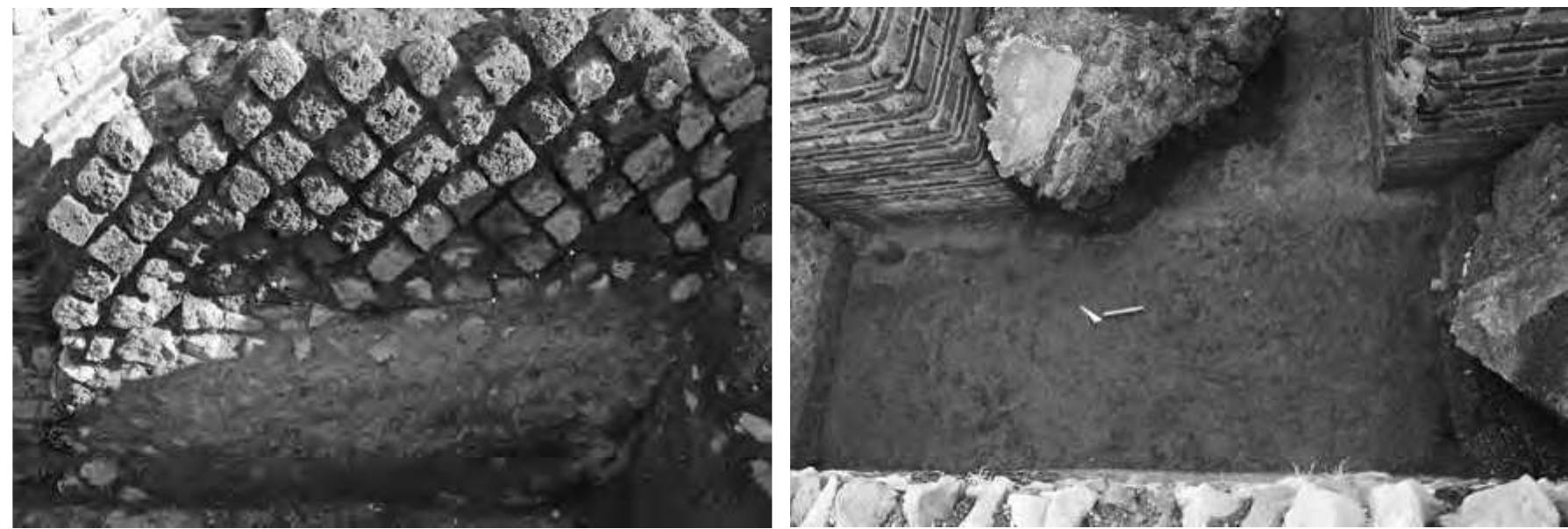 Fig. 32. W5, wall in opus reticulatum with ascending Fig. 33. W5 from the southwest, showing floor of opus line of facing stones later truncated by the NW pier. reticulatum phase (dark grey) and foundation strip (grey) View from the northwest (© C. Klose, FSU Jena). between NW and SW piers (© C. Klose, FSU Jena). 