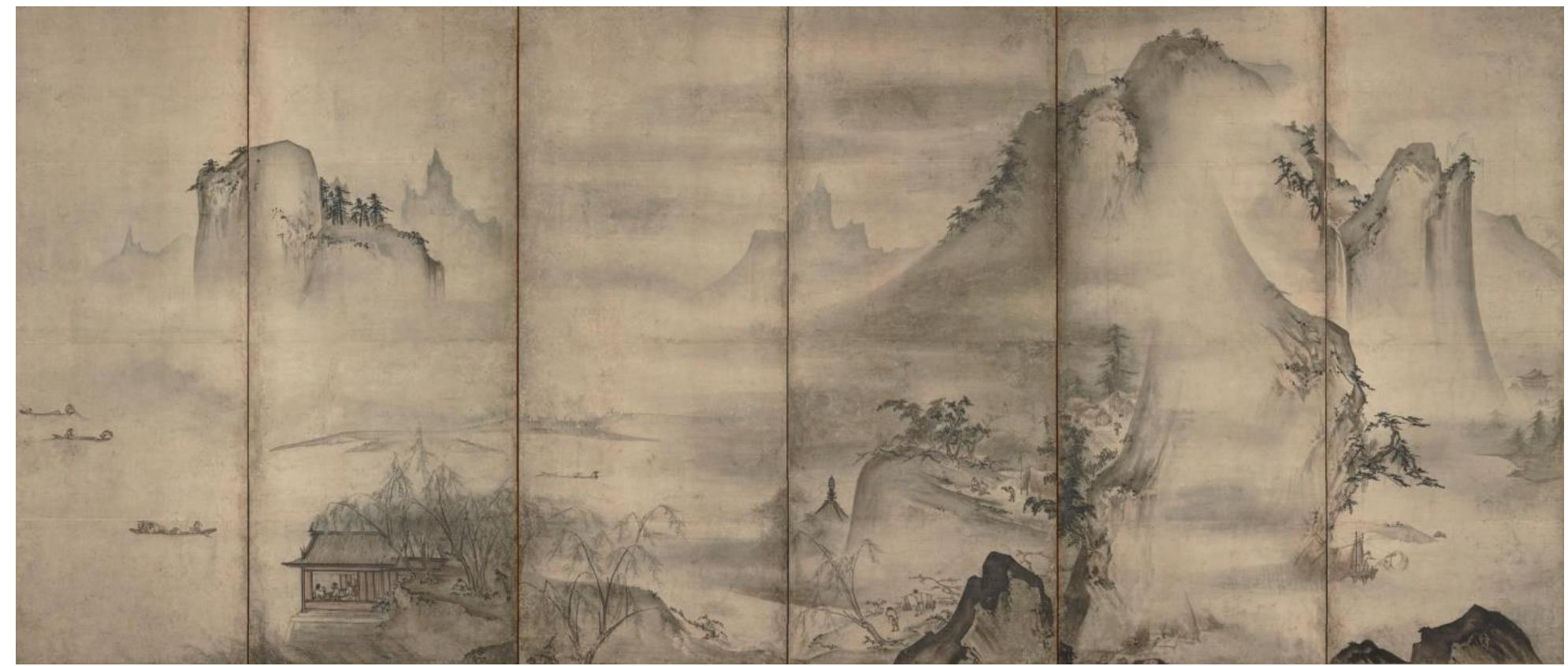 Figure 4: Shuban, Landscape of the Four Seasons, 15th c., ink on paper, Tokyo National Museum, Tokyo, Japan.  reprinted across the country for use in Chan practice.” Guo-an’s version, on the other hand, defined the Japanese motif of the Ox-Herding  Pictures, as it was the only version that travelled to Japan.”°  one in China, with five central temples and ten subsidiary temples, and named them the Gozan temples.”® At these temples, Japanese Zen monks would create their own art style by reproducing Chan art. Chan clearly had a strong influence on the art of Japanese Zen monks; they continued to paint in the monochromatic style of yipin with the themes of lineage and enlightenment.” Despite the influence, Japanese Zen monks developed their own _ blended style of monochromatic bokuseki (see Figure 3) and zenkiga (“Zen-in-action paintings”) known as suiboku (Zen ink-wash subject painting).°° Beginning in the fourteenth century, monks painted suiboku works. These artist monks were  highly specialized in their craft and spent all of 31  their time creatino artworke for their temnlec  During the Heian (794-1185) and Kamakura (1185-1333) periods, Japanese Buddhist monastics often travelled to China in order to  study Chinese Bud and bring their te Japanese monastic masters, and in ord  dhist traditions at the source achings back to Japan. The s would train under Chinese er to show off what they had  learned, they would return to Japan with art and  texts.’ The interes  of these Japanese monastics,  along with the introduction of Chan texts and art, were driving forces in the establishment of Zen Buddhism in Japan. These early Japanese Zen Buddhists modelled their temple system after the 