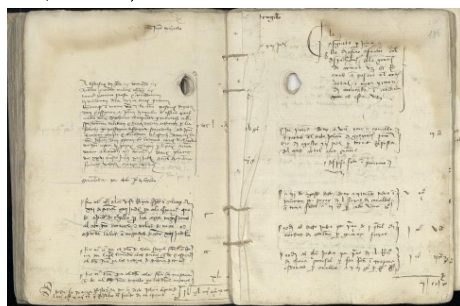 If new data had to be added to an old record — that is, if a gathering had to be supplemented — all an archivist needed to do was remove the cord from the block, add the new material (into which he had already cut holes as well), and run the cord through the entirety of the volume again. This procedure also made it possible to read annotations on the margins more easily. Annotations, as suggested above, demonstrate the ongoing use of the conservatoria books across the years, mirroring at the same time the material practices employed in their management, as well as ir the organizing and re-organizing of information. To facilitate the easy re-stitching of! the book, and to prevent the cord's ends from fraying, metal (copper alloy) caps were added to the strings (see above, fig. 4), most of which are now lost. In both shape and function, these resemble the aglets used in early modern Italy and England to tie clothes and shoes (eventually aglets mostly took on decorative functions in both male and female dress).58  