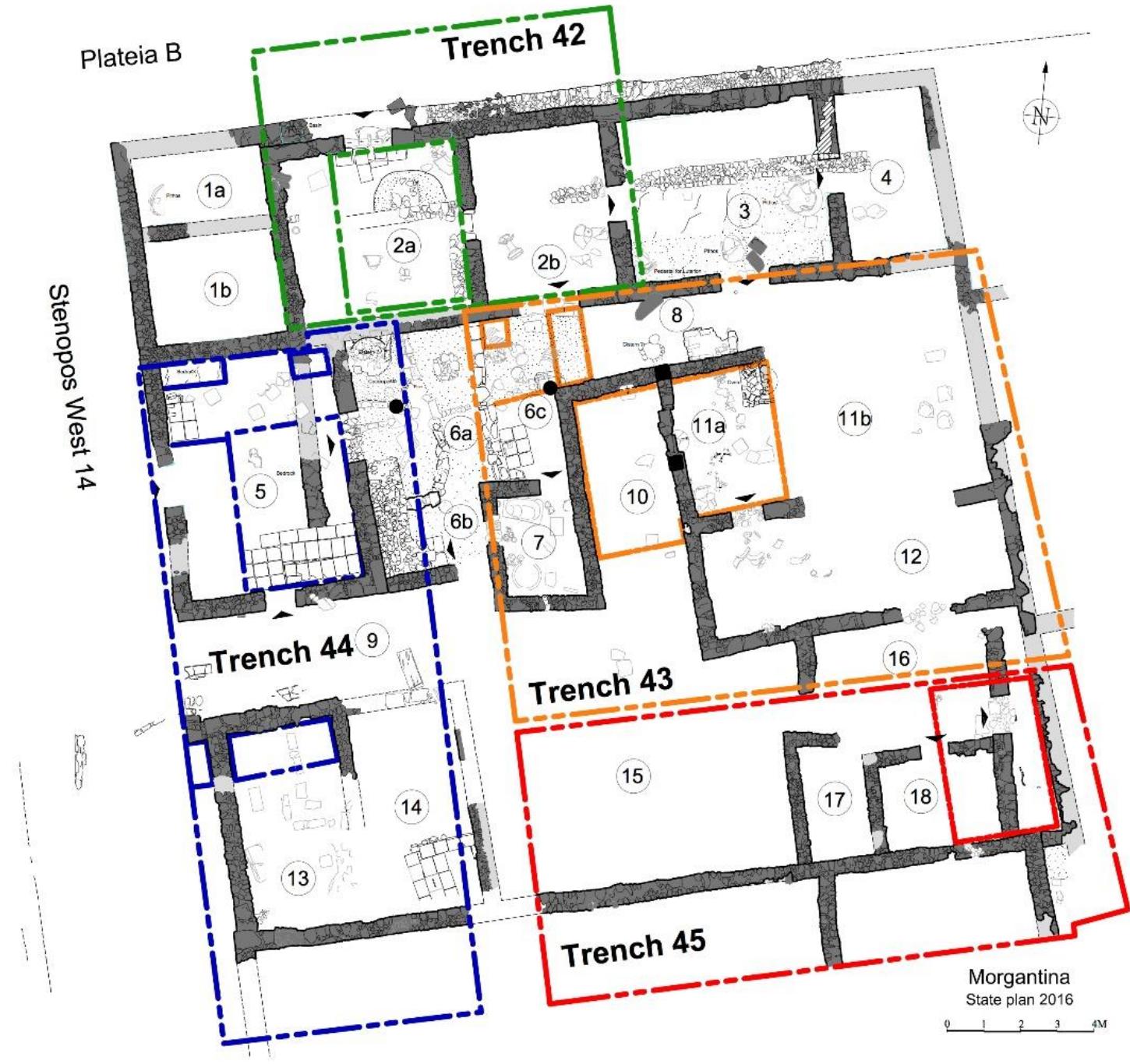 Fig. 1. State plan of the Southeast Building at the conclusion of the 2016 season, showing trench locations. Drawing by Giancarlo Filantropi.  of the trench. Finally, we placed Trench 45 in the southeast corner of the lot in order to understand how this building interacted with structures on the neighboring lots to the east and south. The soil stratigraphy here had been disturbed by post-depositional processes and was therefore not helpful in defining architectural phases, while the complicated series of walls and wall segments we excavated defied straightforward interpretation.  R. Souza — A. Walthall — J. Benton — E. Wueste — A. Tharler — B. Crowther — C. Schirmer e Preliminary Report on the 2016 Field Season of the Americ: Excavations at Morgantina: Contrada Agnese Project (CAP) 