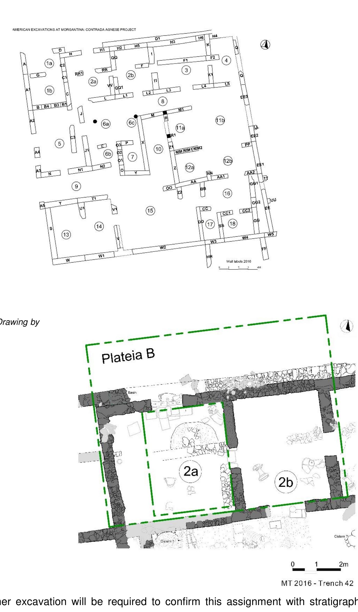 TEE TINAWGY OD ALIA WOT MALE VY Te Atos  Trench 42 preserved Phase 1 stratigraphy better than that of any of the later phases (fig. 3). Excavation fully revealed Walls QQ, of which traces were found in 2014, and QQ1. These walls bisected Room 2, creating two unequal spaces: Rooms 2a and 2b. Most significantly, the upper elevation of both walls was executed in rammed earth and faced with plaster, which was preserved to a height of 5.5cm-12.5cm above its stone socle on Wall QQ. (fig. 4). These are the first rammed-earth walls discovered at Morgantina. The consistency of the  R. Souza — A. Walthall — J. Benton — E. Wueste — A. Tharler — B. Crowther — C. Schirmer e Preliminary Report on the 2016 Field Season of the Americ Excavations at Morgantina: Contrada Agnese Project (CAP) 