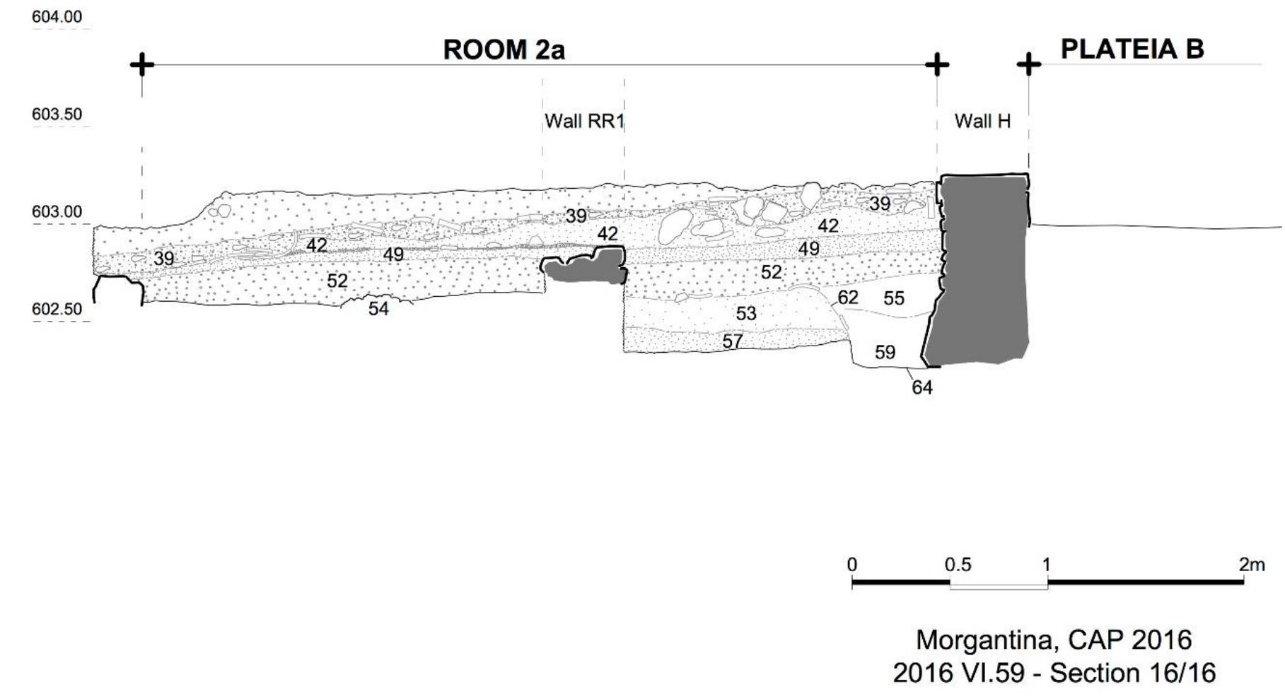 Fig. 6. Section through Trench 42 (Room 2a), looking west. Drawing by Giancarlo Filantropi  R. Souza — A. Walthall — J. Benton — E. Wueste — A. Tharler — B. Crowther — C. Schirmer e Preliminary Report on the 2016 Field Season of the Americ Excavations at Morgantina: Contrada Agnese Project (CAP)  A surface formed by an aggregate of yellow crushed bedrock (6042053 and 6042054) was the lowest and earliest floor in the area of Room 2a, and we place it in Phase 1 along with the construction of the walls that defined the room. After the walls were built, a sandy fill was deposited over the exposed bedrock surfaces on which Wall H and Wall QQ were laid, and then the floor surface itself accumulated through use. Embedded in the floor we found ceramic material consistent with the previously established third-century date for the building’s earliest occupation: black gloss fineware from the middle of the third century BCE at the latest. This surface corresponds in both its construction technique and elevation to surfaces found to the south in Trench 48 (see below) as well as to the lowest surface in Room 3, discovered in 2015". Notable finds from the floor in Room 2a included an undecorated lead seal 16-672, a circular worked bone button 16- 697, and an iron plate hinge likely for a door 16- 536 (fig. 7).  Nlaarhyv in Tranch A2 ecavaral rite and 