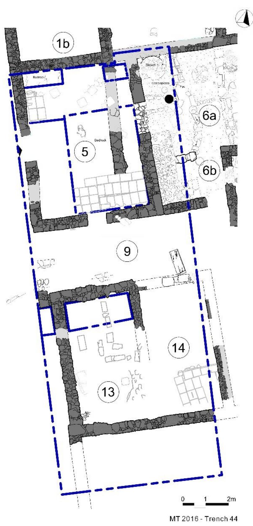 Fig. 10. State plan detail for Trench 44. Drawing by Giancarlc Filantropi.  Fig. 12. State plan detail for Trench 45. Drawing by Giancarlo Filantropi.  R. Souza — A. Walthall — J. Benton — E. Wueste — A. Tharler — B. Crowther — C. Schirmer e Preliminary Report on the 2016 Field Season of the Americ Excavations at Morgantina: Contrada Agnese Project (CAP) 
