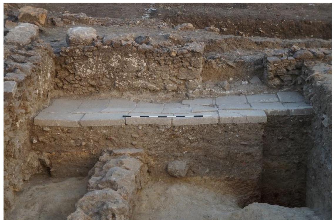 Fig. 11. Phase 1 surface in Trench 44 preserved in the section east (left) of Wall C3, with Phase 2b brick paving of Room 5 and doorway in Wall N, looking south. 