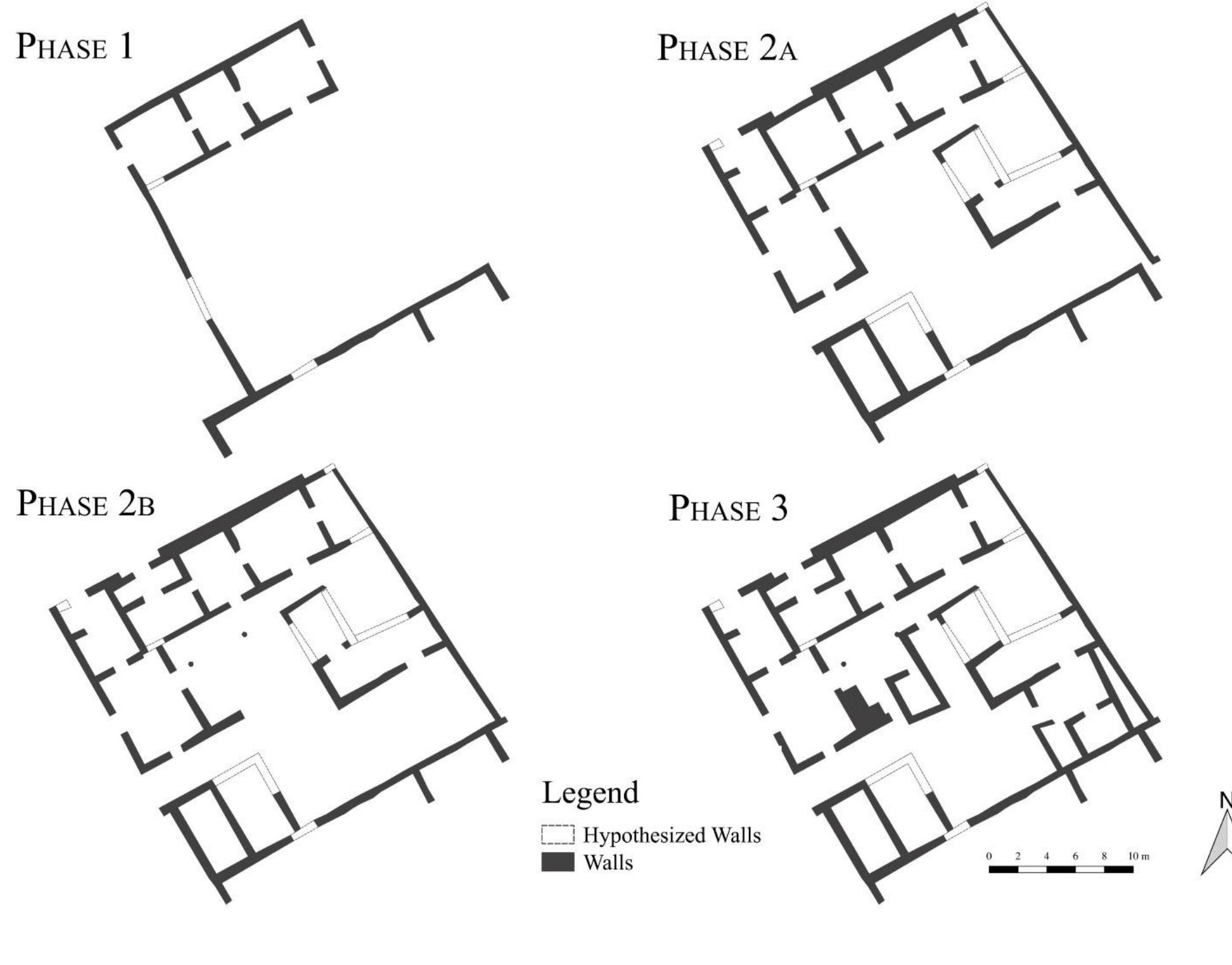 Fig. 13. Hypothetical plan of construction phases in the Southeast Building. Drawing by Jared Benton.  R. Souza — A. Walthall — J. Benton — E. Wueste — A. Tharler — B. Crowther — C. Schirmer e Preliminary Report on the 2016 Field Season of the Americ Excavations at Morgantina: Contrada Agnese Project (CAP) 