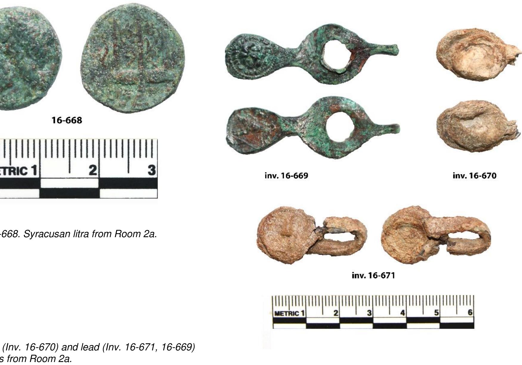 gathering construction materials from points throughout the city. We hypothesize that the building remained a house in this phase, and since this was the final occupation phase before the roof collapsed, it is also the phase with which we associate most of the material found in previous seasons on the floors we encountered.  R. Souza — A. Walthall — J. Benton — E. Wueste — A. Tharler — B. Crowther — C. Schirmer e Preliminary Report on the 2016 Field Season of the Americ Excavations at Morgantina: Contrada Agnese Project (CAP)  0 OE ES NS IE I EI IONE ENE SE II I EE NOES NE  In Trench 42, a packed-earth floor surface (6042049) extended across the entirety of Room 2a over Wal RR and the bench VV, demonstrating that those features were out of use in this phase. The levelling fill unde this floor can be dated post 240 BCE by a bronze /itra of Hieron II (inv. 16-668; fig. 20)'9. Also mixed into the fil were two lead mercantile seals with illegible stamps (inv. 16-670; inv. 16-671) and one bronze mercantile sea with a lion’s face stamped on one side and a boar stamped on the other (inv. 16-669; fig. 21). In Room 2b the floor level was ca 10cm lower (6042048), and the elevation difference was mediated by a brick threshold servinc as a step. Although this threshold was constructed of brick fragments and is otherwise fairly rudimentary, one o' the fragments next to the door jamb does preserve a small depression that may be a pivot hole for a door hinge (fig. 22). In Room 2b, we found on the floor a nearly complete terracotta figurine in fragments (inv. 16-656), anc a kiln spacer (inv. 16-679; fig. 23)2°. The Phase 3 surface contained a concentration of 47 bronze coins in the southeast corner of the room, which we interpret as a dispersed hoard. While most of the coins were Syracusar issues of the mid-third century, among them were two Roman unciae (inv. 16-453 and 16-458) that yield < terminus post quem for the final activity on this surface of 214 BCE (fig. 24)?'.  These floor surfaces were reached from the north through a modified doorway between Walls H and H1 ythinh andnan an hyinl thrachalA ann hRrinl etanc Anan intr Danm 4d (lfin OR\ Thie Annnarayvs \vathinh annnnec nnte  