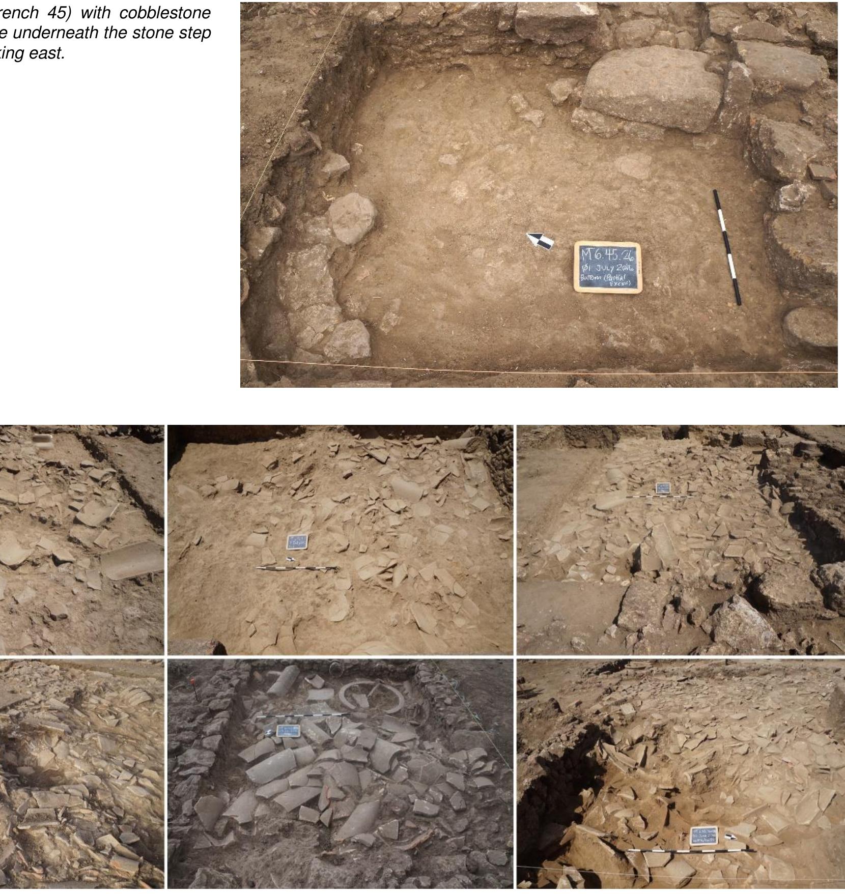 Fig. 36. Composite photo of tile falls. Clockwise from upper left: Room 2a, looking east; Room 2b, looking west; Room 5, looking north; Rooms 10 and 11a, looking west; Room 7, looking south; Rooms 6c (background) and 8 (foreground), looking west.  R. Souza — A. Walthall — J. Benton — E. Wueste — A. Tharler — B. Crowther — C. Schirmer e Preliminary Report on the 2016 Field Season of the Americ Excavations at Morgantina: Contrada Agnese Project (CAP) 
