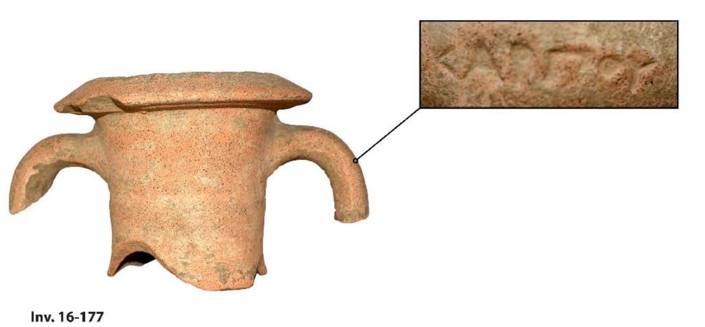 Fig. 39. Inv. 16-177. Greco-ltalic amphora handle with stamped inscription.  Fig. 37. Inv. 16-204/207/210/215 and 16-218. Terracotta figurines from Room 2a. 