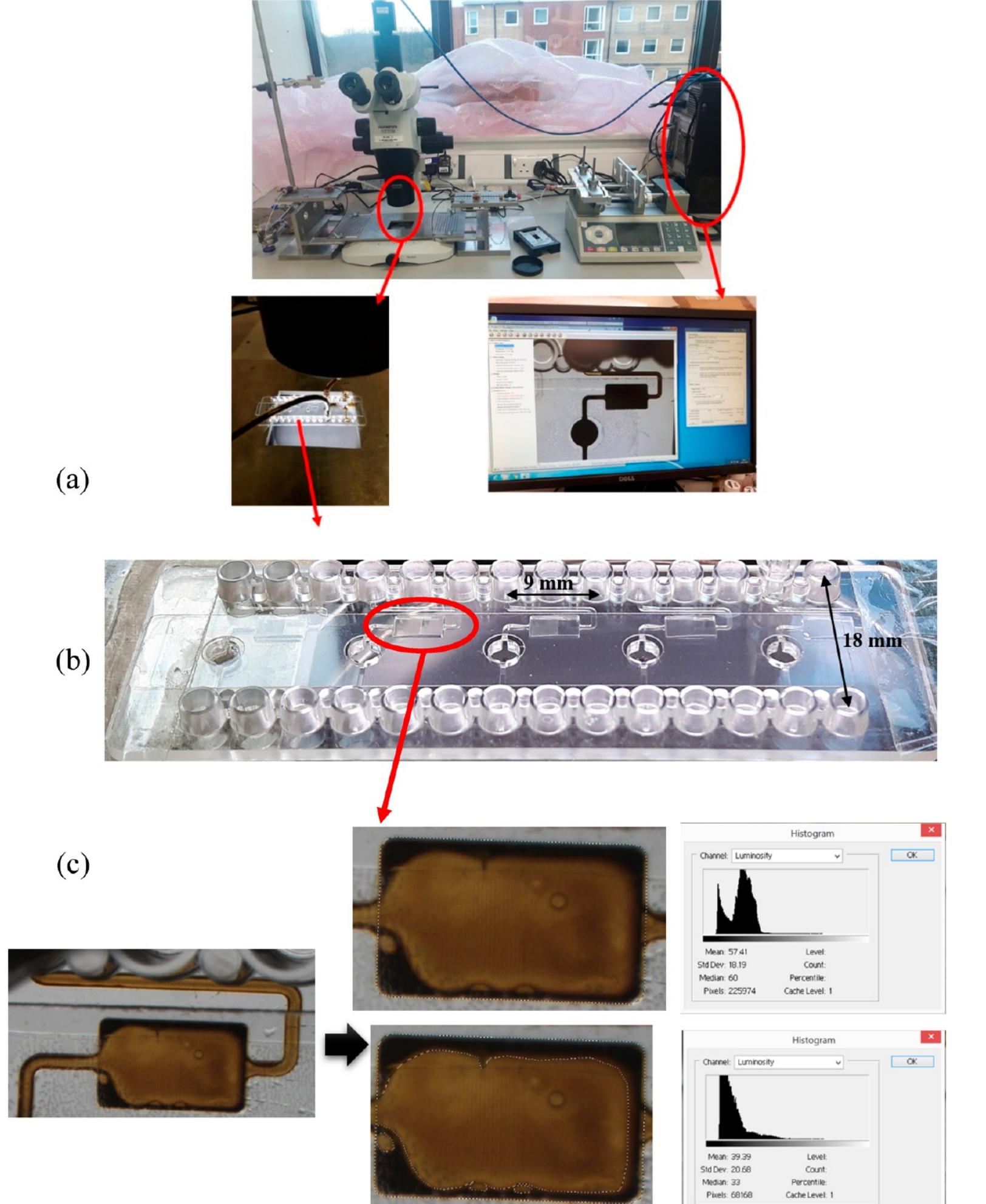 Microfluidic Test Rig (a) microfluidic flooding rig setup, (b) cuvette slide chip,