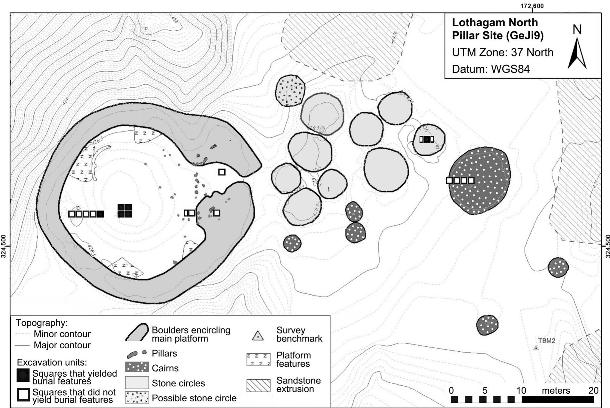 Fig. 3 Excavation plan map of Lothagam North indicating areas with human remains (adapted from map by B. Kimeu) 