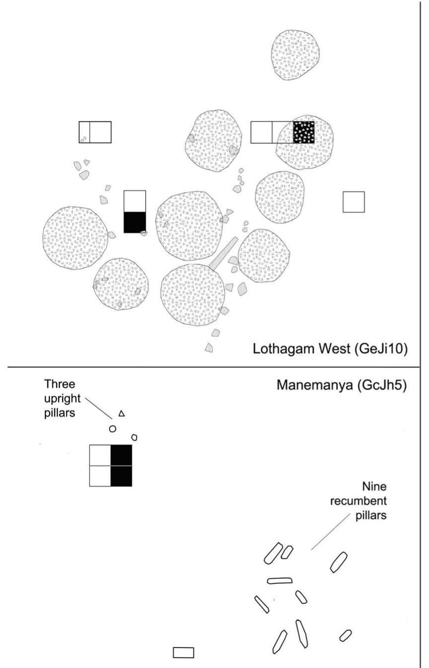 Fig.4 Excavation plan maps of Lothagam West (upper left), Manemanya (lower left), and Kalokol Pillar Site (right) indicating areas with human remains. The Lothagam West map is based on 2012 total station field mapping by B. Kimeu, during which we noticed more and larger cairns than during our brief 2009 observations reported in Hildebrand et al. 