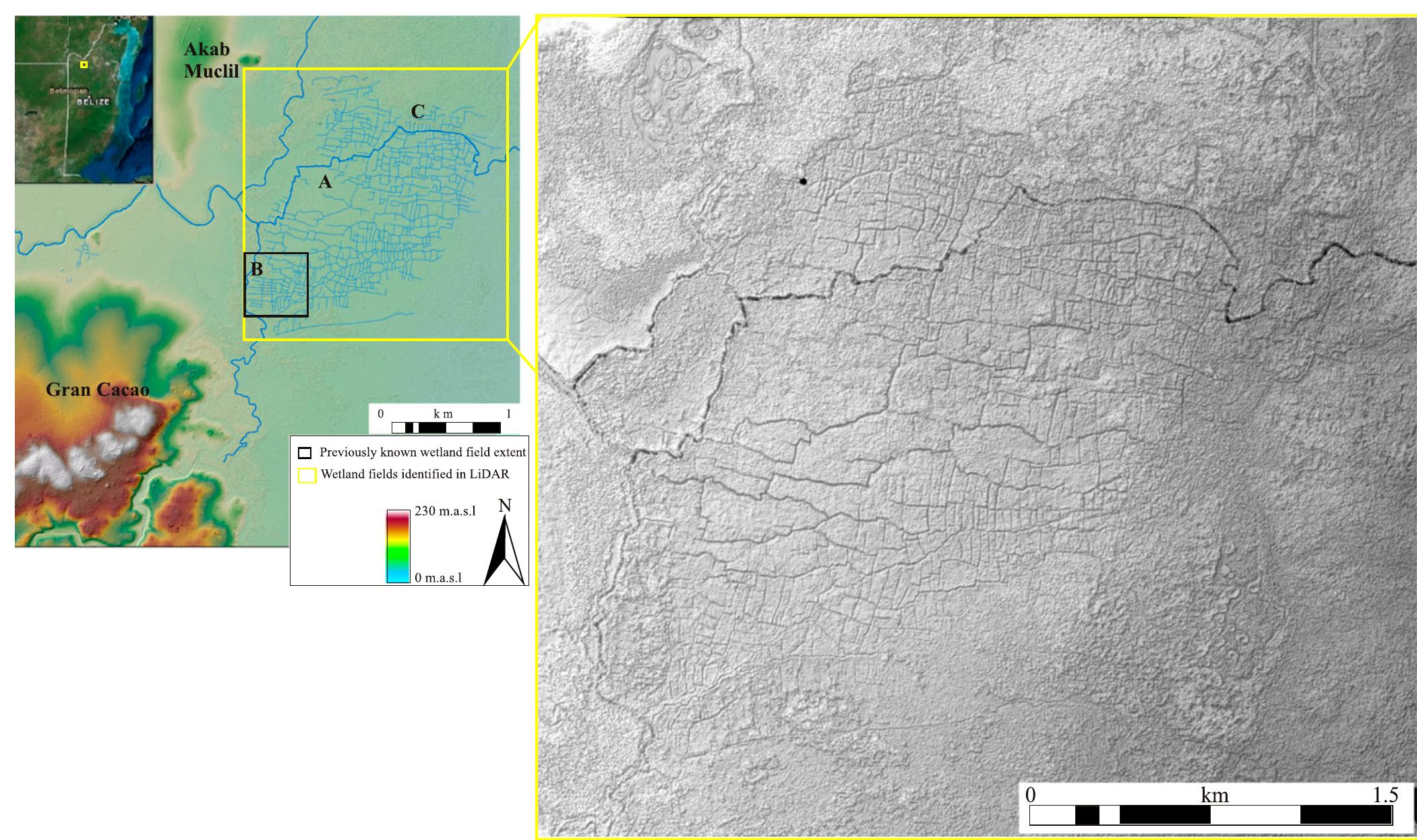 Fig. 3. BOP field areas (Left, A-C) with the Maya site of Akab Muclil and Center of Gran Cacao. Left has color enhancement for elevation, and Right is < shaded relief map of the DEM. 