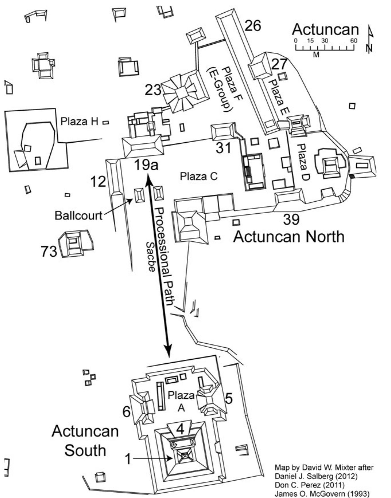Figure 2. Map of Actuncan. Structures mentioned in the text are labelled with their structure number. Note the route of the processional path linking Actuncan North and Actuncan South. 