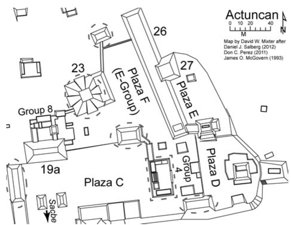 Figure 3. Map of Actuncan North highlighting the locations of Late and Terminal Classic alterations to the  site core. The dashed grey ellipses circumscribe  unexcavated structures that appear to have been intentionally dismantled. The dashed rectangle highlights  the broad platform constructed as a base for Group 4 during the Terminal Classic period. 
