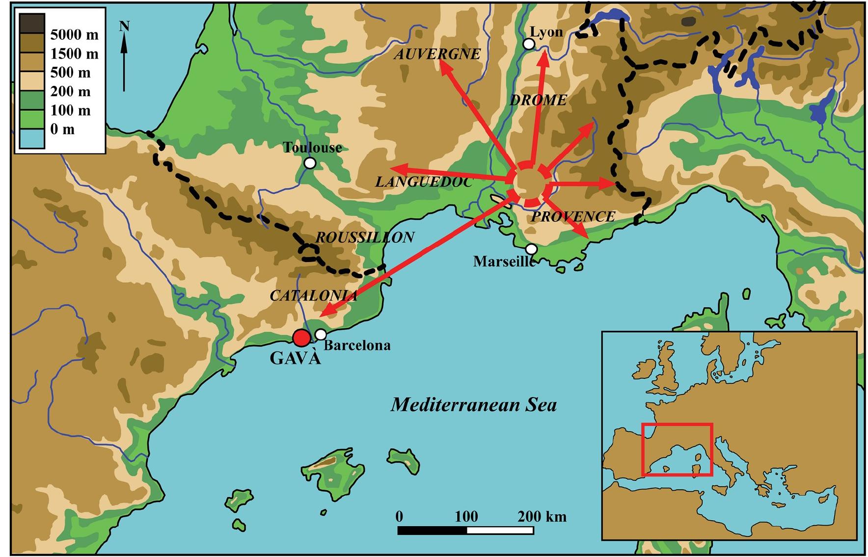 Fig 1. Source area and diffusion of Barremian-Bedoulian flint in the north-western Mediterranean basin (modified from ref.  [12]). 