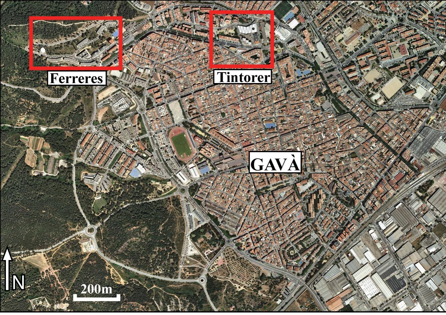 Fig 3. Orthophoto of Gava at 1: 2,500 with the location of the two mining sectors mentioned in the text. Source: Institut Cartografic i Geologic de Catalunya (ICGC), under a CC BY 4.0 license.  