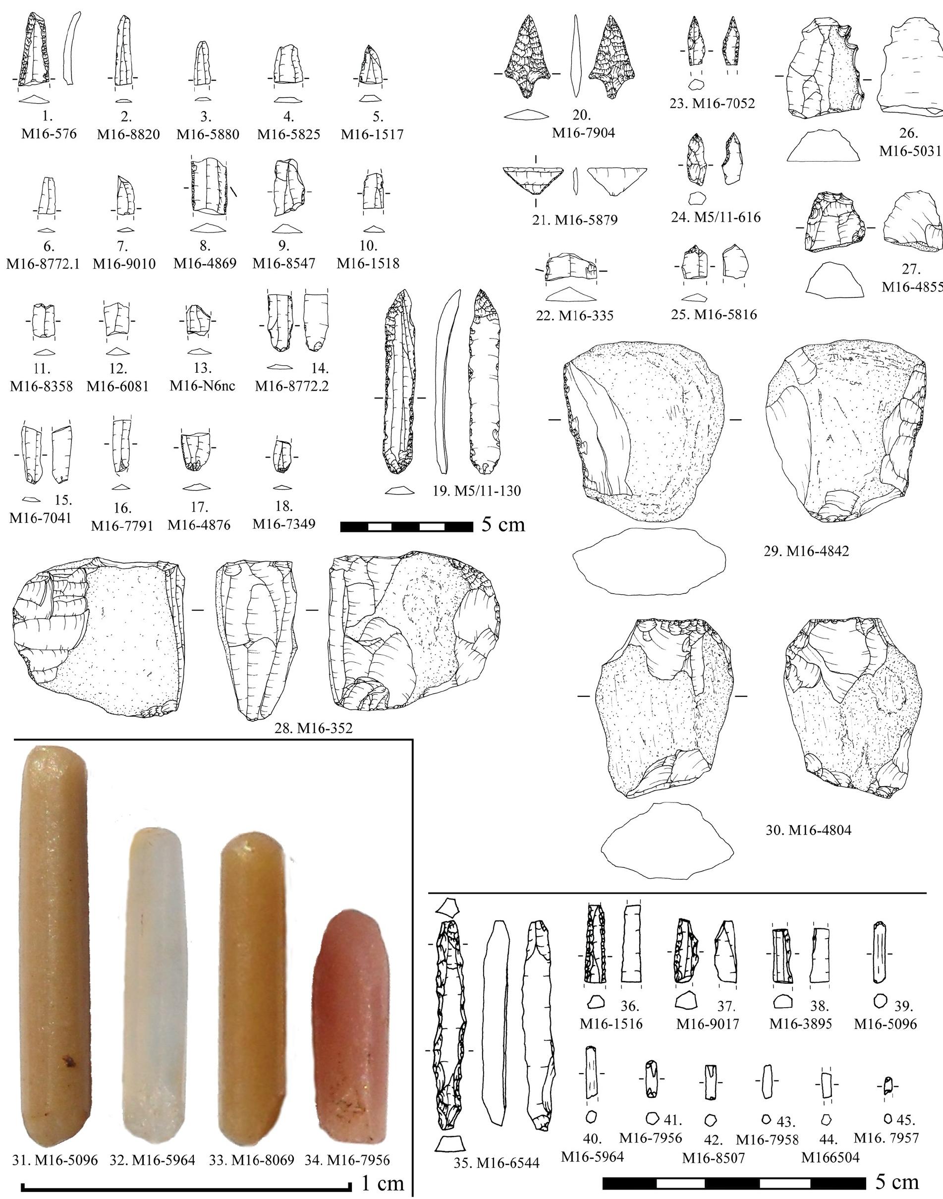 Fig 9. Blades and bladelet fragments made of Barremian-Bedoulian flint (n° 1-16 and 18; n° 17 is burnt); a blade core of non-Barremian- Bedoulian flint (28) and some of the retouched tools studied (n°. 19, 31, 33, 36, 37, 39 and 45 correspond to Barremian-Bedoulian flint; n°. 20-25, 27, 28, 32, 34, 35, 38 and 40-44 to non-Barremian-Bedoulian flint; and n°. 26, 29 and 30 to opal. 