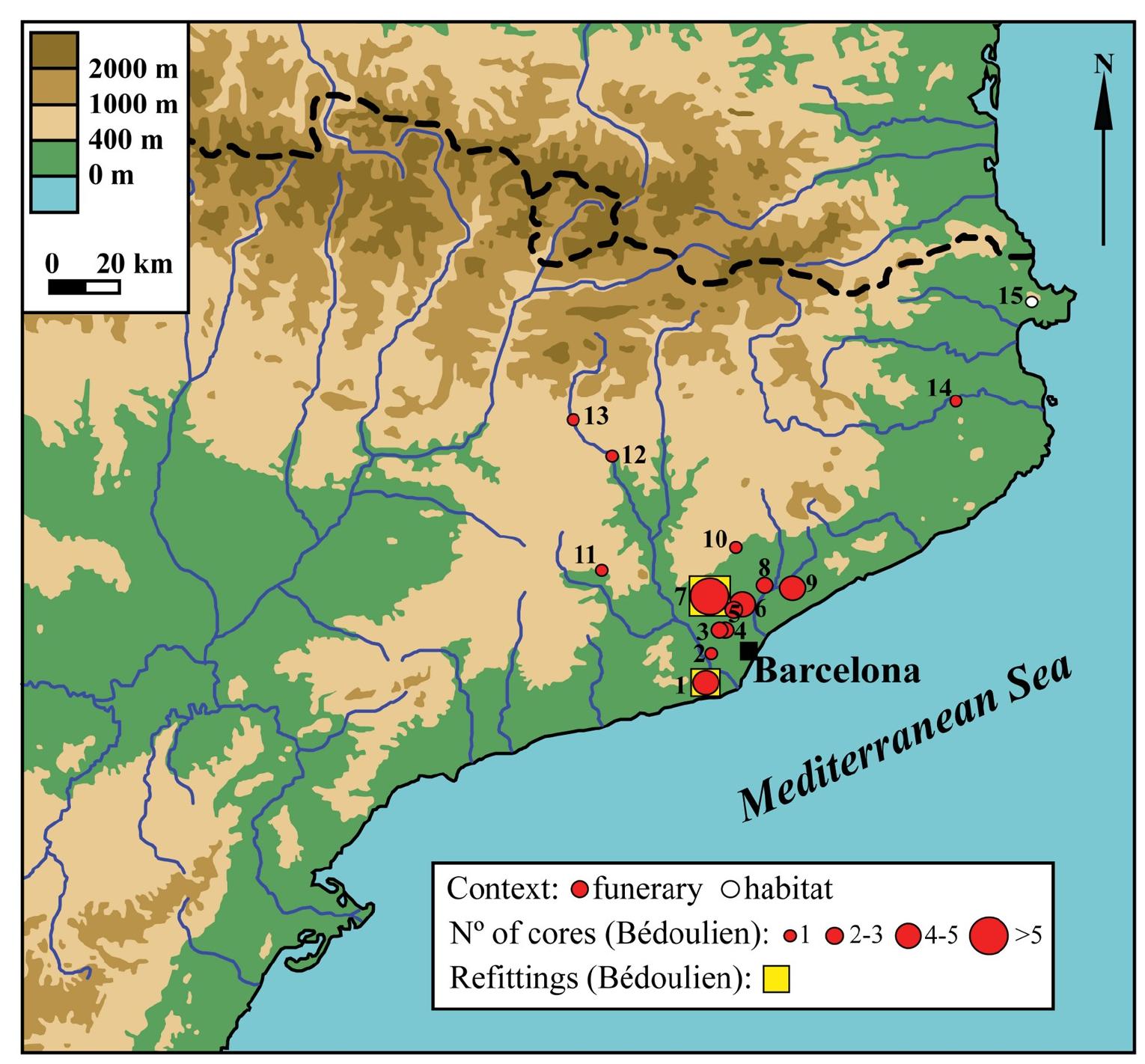 Fig 14. Spatial distribution of the 73 cores of Barremian-Bedoulian flint found south of the Pyrenees during the Middle Neolithic. 1: Mines de Gava (n = 5), 2: Bobila de Sant Joan d’Espi (n = 1), 3: Can Marcet (n = 3), 4: Can Fatjo dels Aurons (n = 1), 5: Bobila Sallent (n = 2), 6: Bobila Padré (n = 4-5), 7: Bobila Madurell/Can Gambiis I (n = 23+19), 8: Bobila Bellsola (n = 2), 9: Bobila d’en Joca (n = 4), 10: Bobila Negrell (n = 1), 11: Can Muset (n = 1), 12: Pala de Coma (n = 1), 13: Santa Constanga (n = 1), 14: Sant Julia de Ramis (n = 1), 15: Ca n’'Isach (n = 1). 