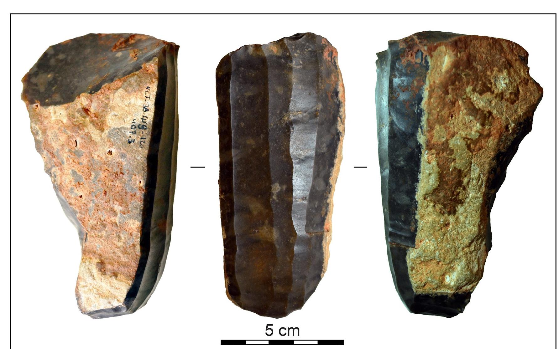 Fig 16. Blade core made of Lacustrine Oligocene banded flint found in Mine 3. The nearest outcrops known are in the Castelltallat Formation [61], almost 80 km north-west of Gava. 