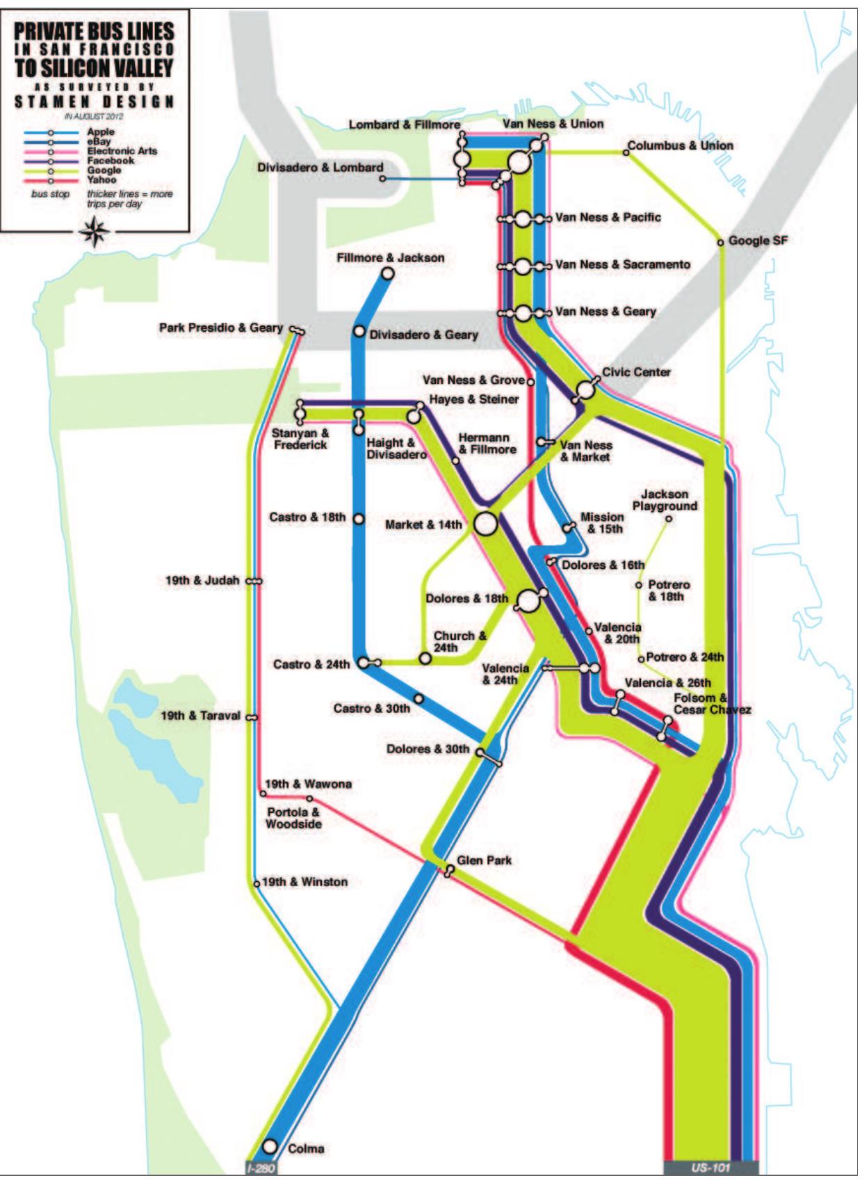 of smoothness. Tech privilege may assume that the industry can flow smoothly into all arenas of human life and can flow over (overflow) entire cities, but the bus protests showed that the industry is inflicting new forms of striation on the Bay Area’s urban centres. 