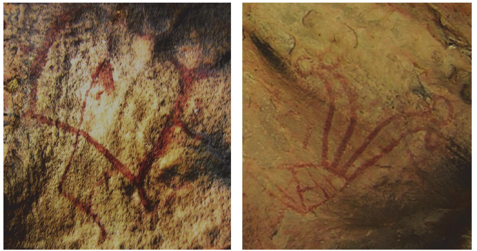 Figure 8: Painted motif, Rasulpur  Fatehpur Sikri group faces west and measures roughly 8 x 5 x 2 m. At the base of the ridge, the soil was also dug out due to mining activities. In that soil, potsherds of red ochre colour were observed in abundance and these left ochre colour on palms on rubbing. This is a typical feature of Ochre Coloured Pottery (OCP) and considering the finding of OCP from some nearby sites including Hada Mahal at Fatehpur Sikri (Sharma 2008: 7-8), this pottery can also be considered OCP. The only surviving rock shelter at Rasulpur has a number of painted motifs which belong to many cultural periods, one of them can easily be considered as OCP period belonging to chalcolithic culture. People of OCP (also termed as OCP-Copper hoard) culture were masters in copper metallurgy and produced a number of copper implements of varying shapes. Keeping that in mind, the absence of such implements in the drawn paintings is surprising. Few microlithic tools like lunate, blade, few flakes and discarded cores were earlier reported from the foothill near this rock shelter (Pradhan et al 2002: 90).  