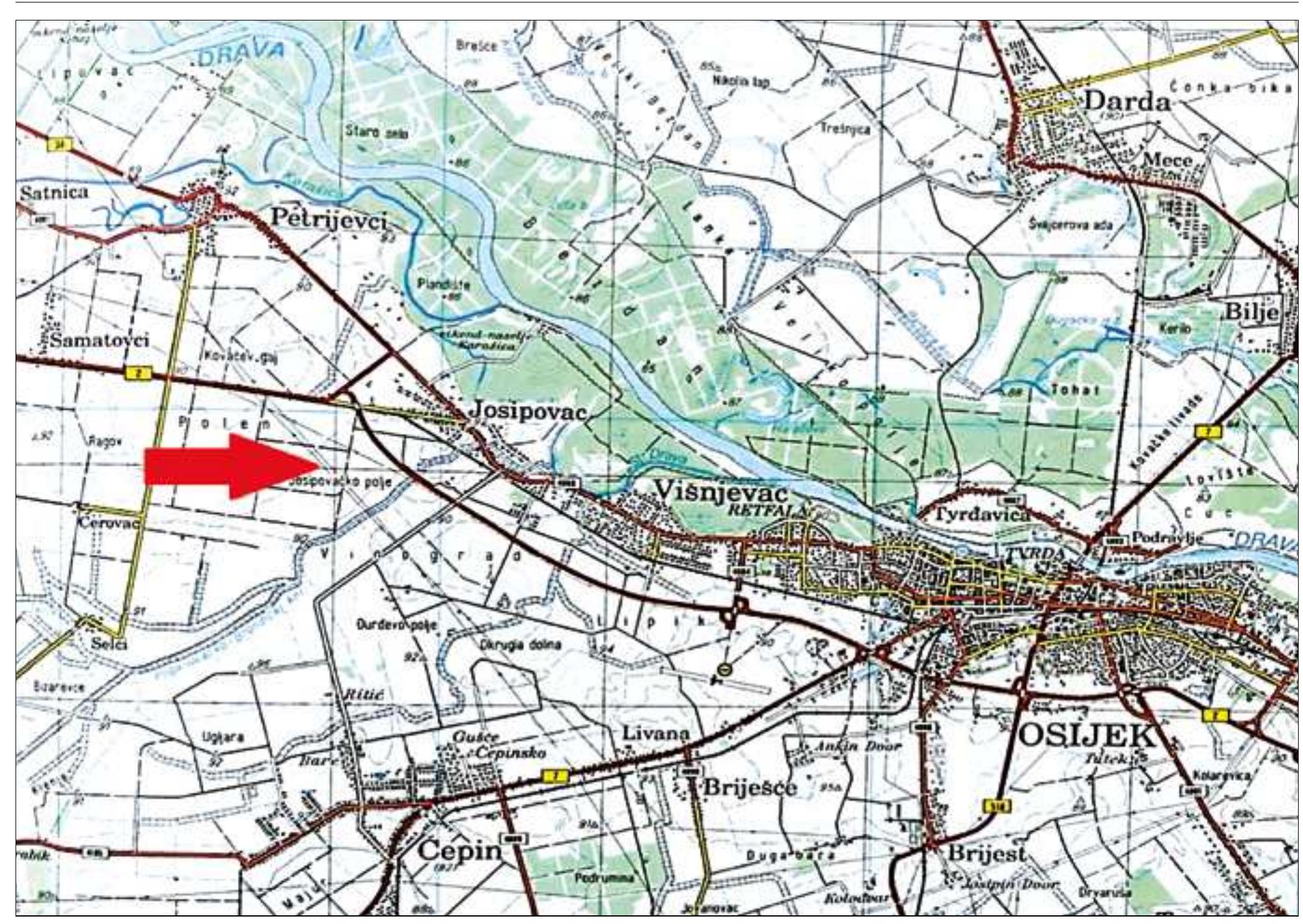 FIGURE 1. Topographical position of the archaeological site in Verused (based on a map from Borovac (ed.) 2002, 77, Osijek 54; modified by K. Lukic¢).  excavation starting in August 2007 and continuing, with short intermission, until the end of April 2008, in the course of which 171.000 m? of land was investigated. Excavations affected access road and junction point Cvor Osijek as well as highway itself (Sector | - V).#  Historical events in Pannonia Secunda in the 2nd half of the 4th and beg. of the 5'""c., marked with instability caused by weaken- ing of the Roman army, doings of foederati (federates) and inten- sified emigrations of allochthonous and autochthonous people, ultimately lead to deterioration and abandonment of larger urban centres, such as Mursa and Sopianae (Pécs), which surely must have affected life in smaller gravitating settlements. 