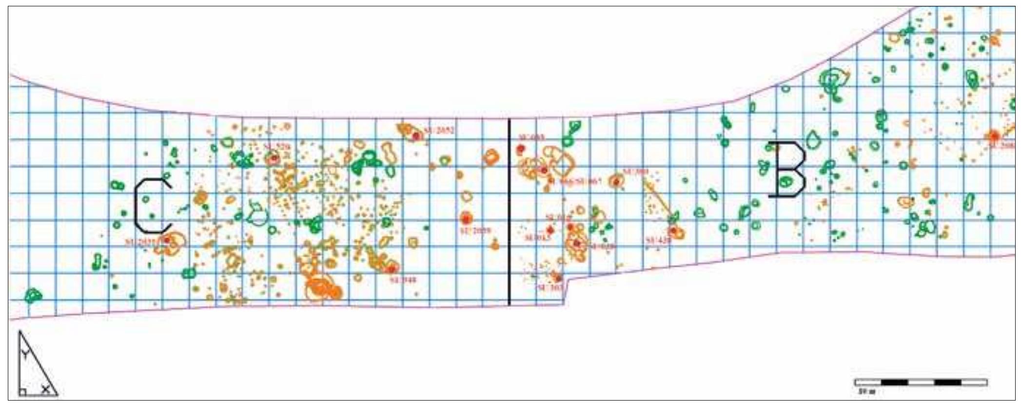 FIGURE 3. Position of stratigraphic units with fibulae and decorative items (in red) from the Roman vicus (in orange) in Sector |B and 1C, (prehistoric strata in green) (based on AutoCAD data from Auxiliary filed workshop of the Department of Archaeology in Bizovac; modified by K. Luki¢). 