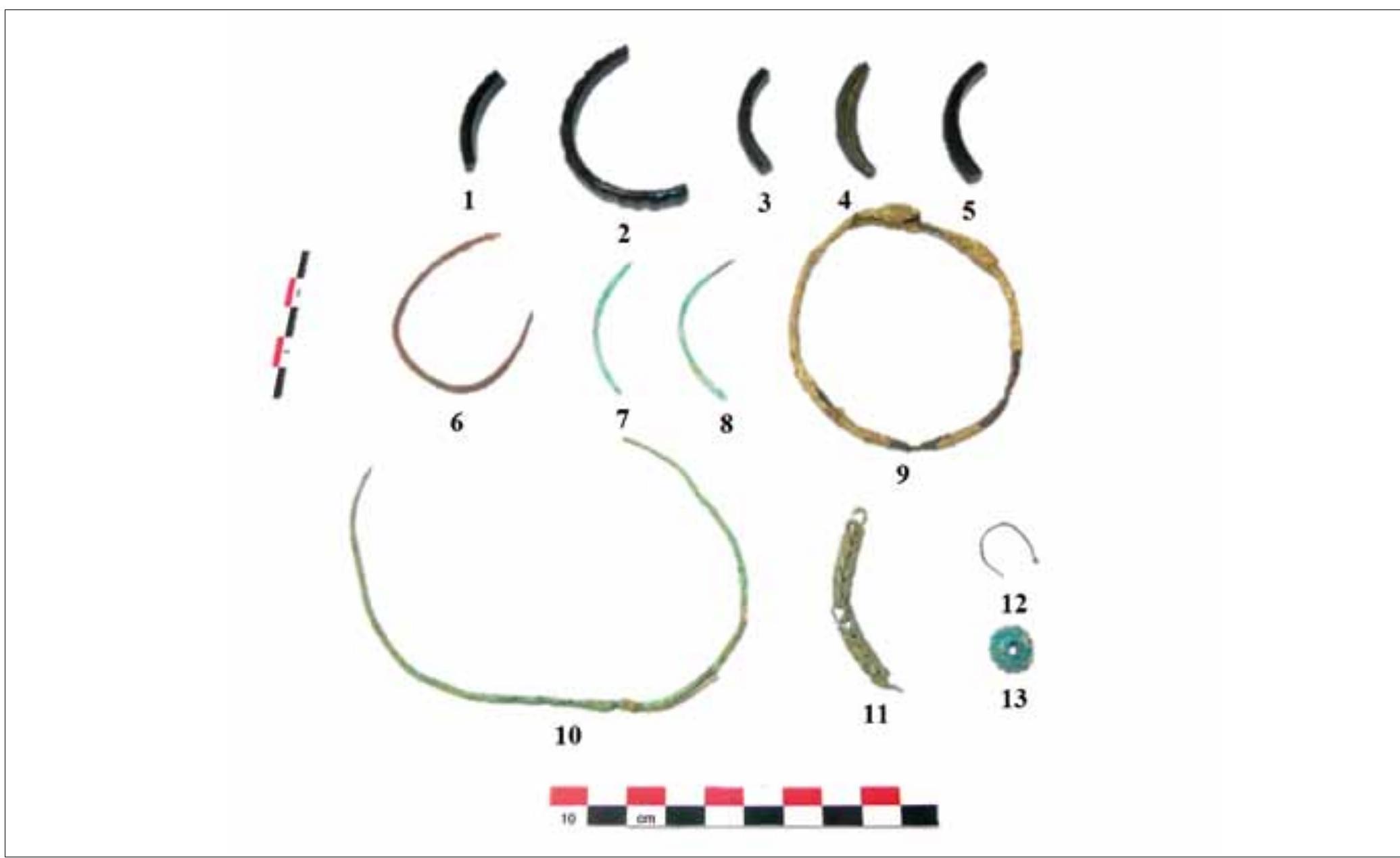 FIGURE 9. Decorative items (cat. no. 3, Pl. 2:1; cat. no. 13, Pl. 2: 2; cat. no. 25, Pl. 2: 3; cat. no. 73, Pl. 2: 4; cat. no. 80, PI. 2:5; cat. no. 26, Pl. 2: 6; cat. no. 68, PI. 2: 7; cat. no. 69, Pl. 2: 8; cat. no. 81, Pl. 2: 9; cat. no. 90, Pl. 2: 10; cat. no. 98, Pl. 2: 11; cat. no. 27, Pl. 2:12; cat. no. 76, PI. 2: 13). 