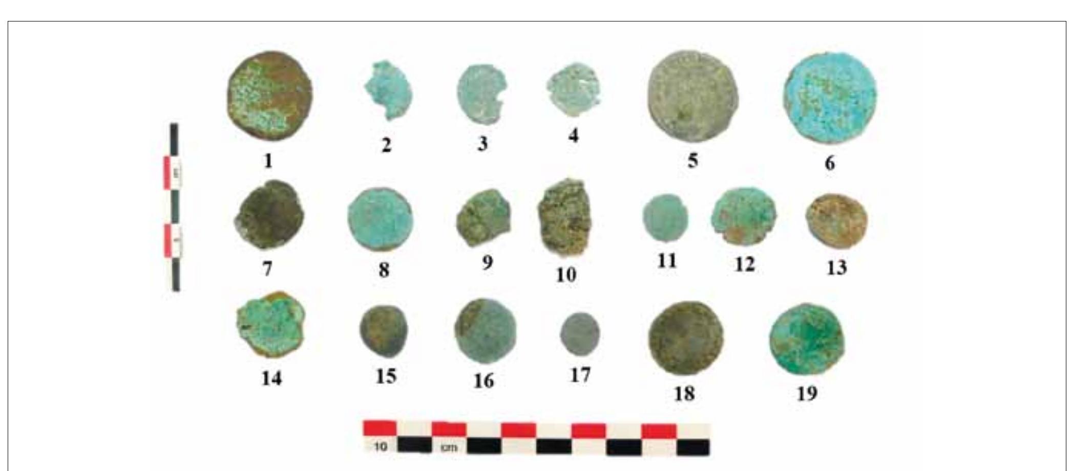 TABLE 1: List of the Roman coin finds.  FIGURE 10. Roman coins found together with fibulae and decorative items (cat. no. 4-11, Tab. 1: 1-8; cat. no. 14, Tab. 1: 10; cat. no. 20, Tab. 1: 11; cat. no. 28-29, Tab. 14-15; cat. no. 44, Tab. 1:16; cat. no. 56, Tab. 1: 21; cat. no. 70, Tab. 1: 22; cat. no. 82-84, Tab. 1: 22-26; cat. no. 91, Tab. 1: 29) 