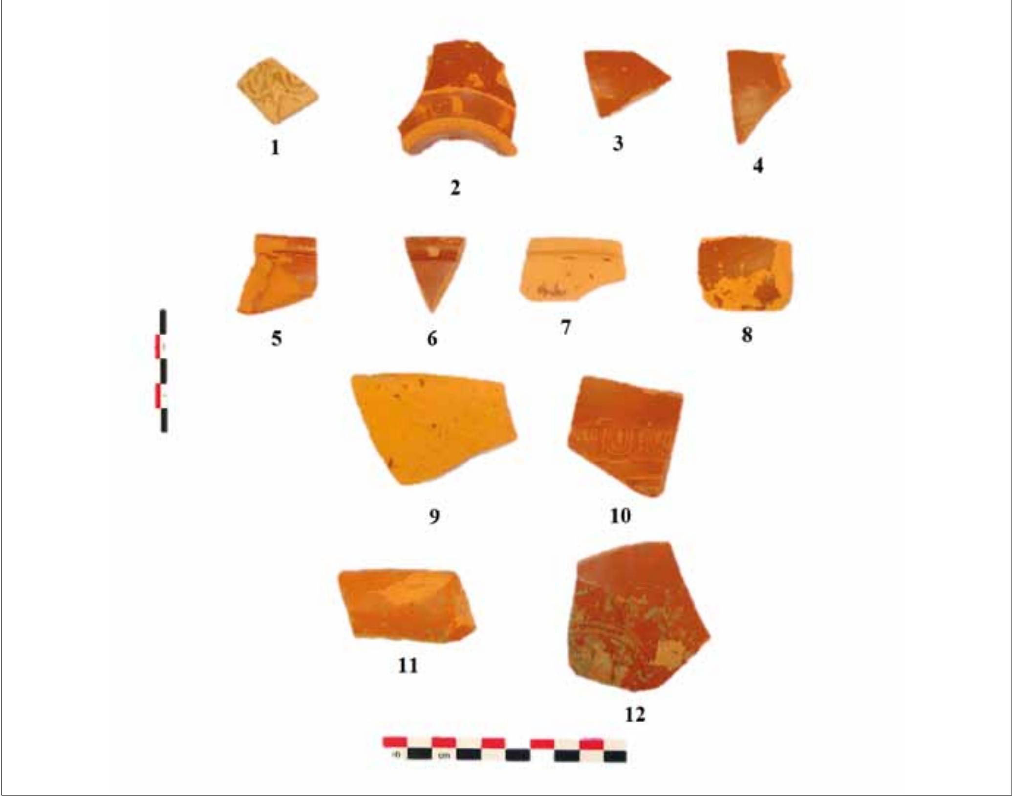 FIGURE 11. Terra sigillata and its imitations (cat. no. 12, Pl. 3: 1; cat. no. 30, PI. 3: 2; cat. no. 45-48, PI. 3: 3-6; cat. no. 57-58, Pl. 3: 7-8; cat. no. 59, Pl. 3: 9; cat. no. 96, Pl. 3: 10; cat. no. 99-100, PI. 3: 11-12). 