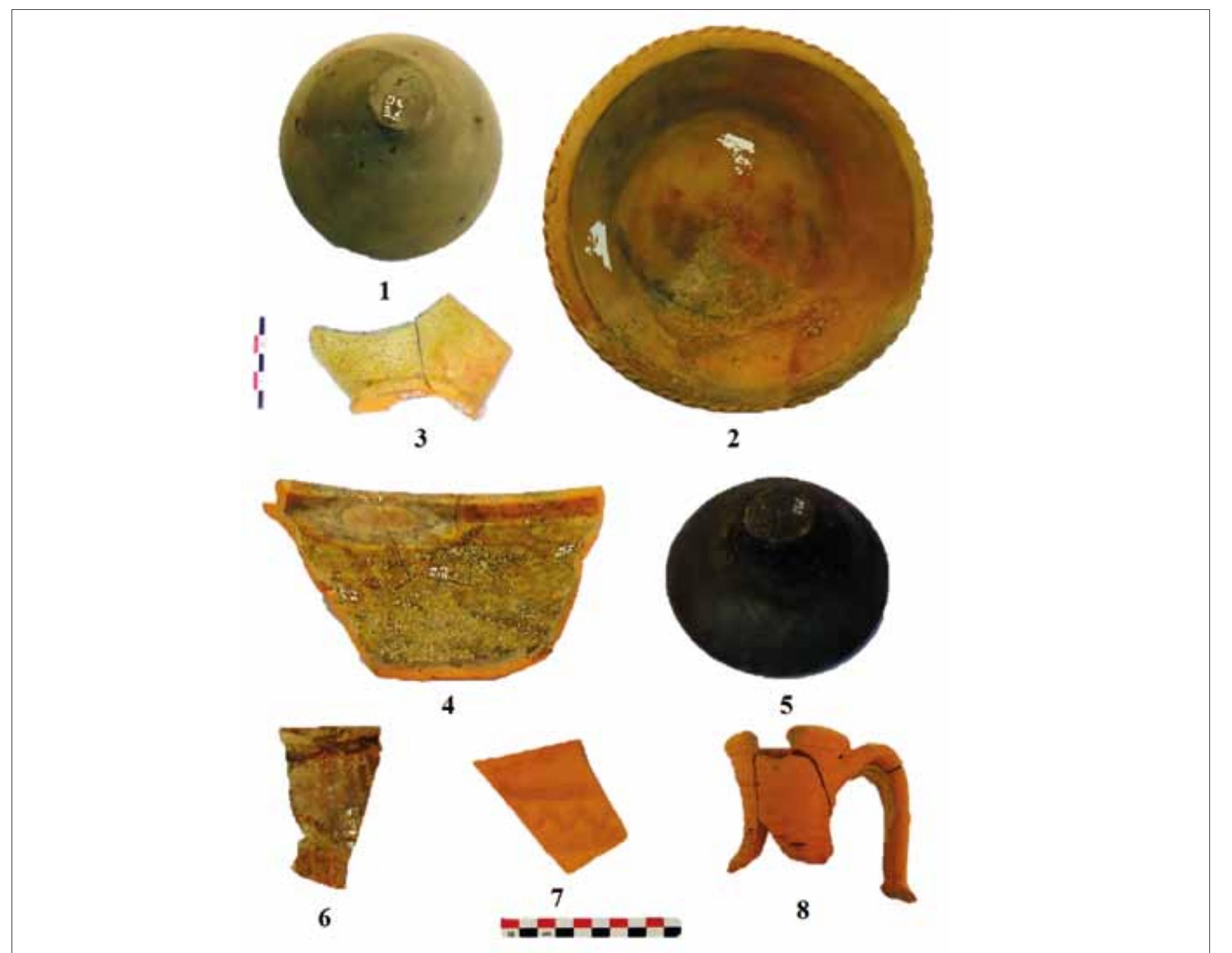 FIGURE 12. Kitchenware, tableware and storage ware (cat. no. 15-16, Pl. 4: 1-2; cat. no. 18, Pl. 4: 3; cat. no. 40, Pl. 5: 7; cat. no. 63, Pl. 8: 2; cat. no. 78, Pl. 9: 4; cat. no. 88, Pl. 9: 8; cat. no. 94, Pl. 10: 3). 