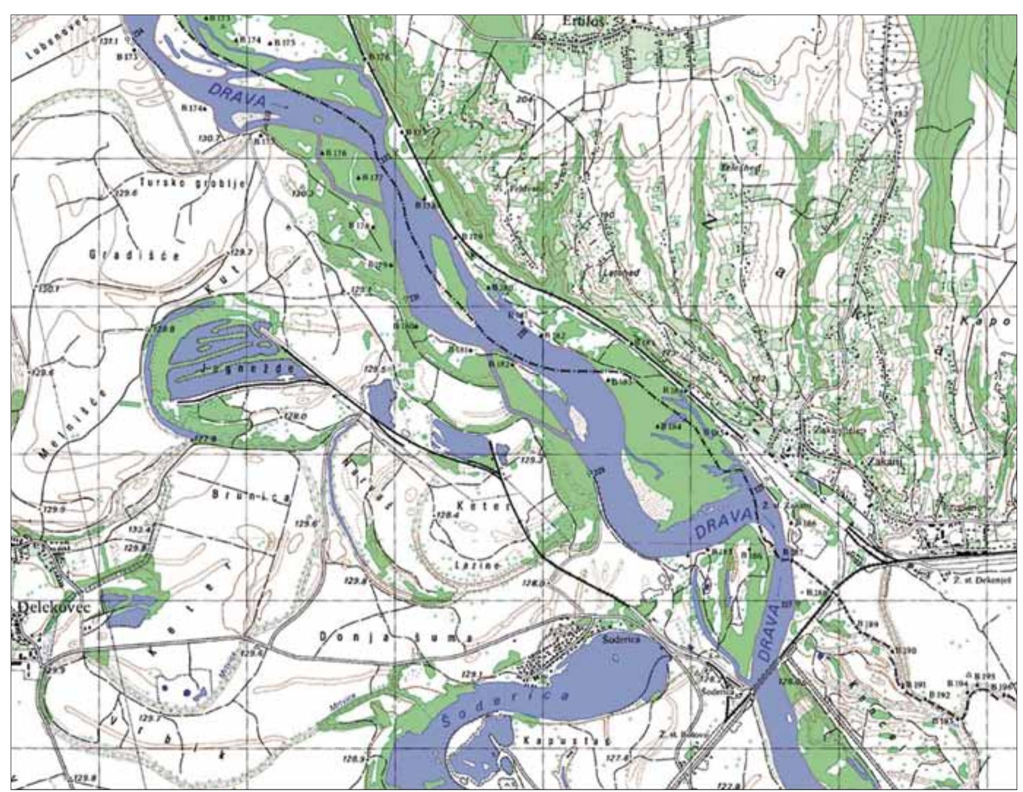 SLIKA 1. Karta polozaja $ljuncare Jegenis/Jagnje(z)de, smjestene jugozapad- no od rijeke Drave u koprivni¢koj Podravini (Hrvatska geodetska uprava, karte »Hlebine“ i ,,USée Mure“, mjerilo 1:25 000).  FIGURE 1. Map of the position of the Jegeni/Jagnje(z)de gravel pit located southwest of the River Drava in the Koprivnica region of the Drava basin (Cro- atian Geodetic Administration, the “Hlebine” and “US¢e Mure” maps, 1:25,000) 